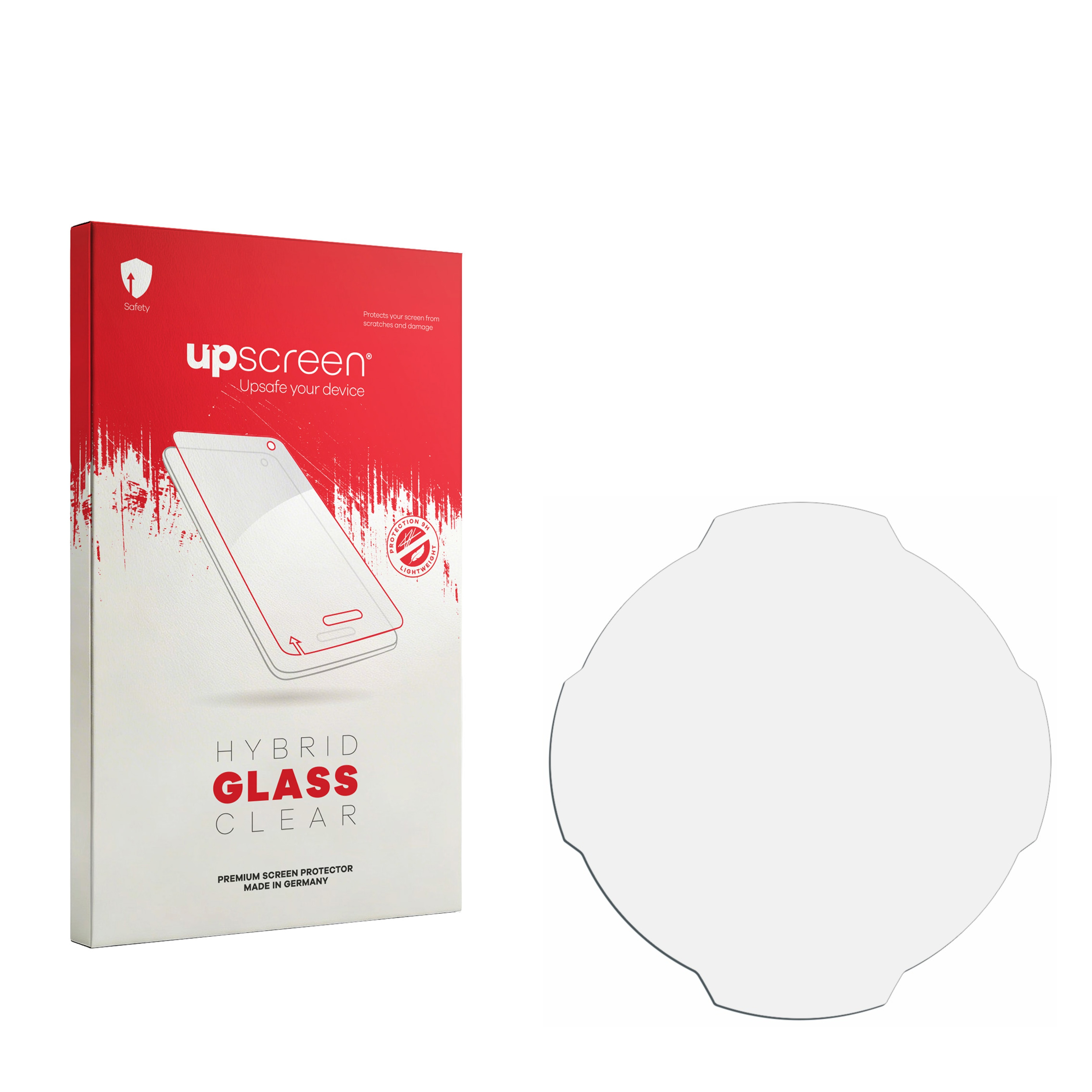 Rote Box für 'upscreen HYBRID GLASS CLEAR' Premium-Displayschutzfolie, mit einem klaren Glasprotektor.