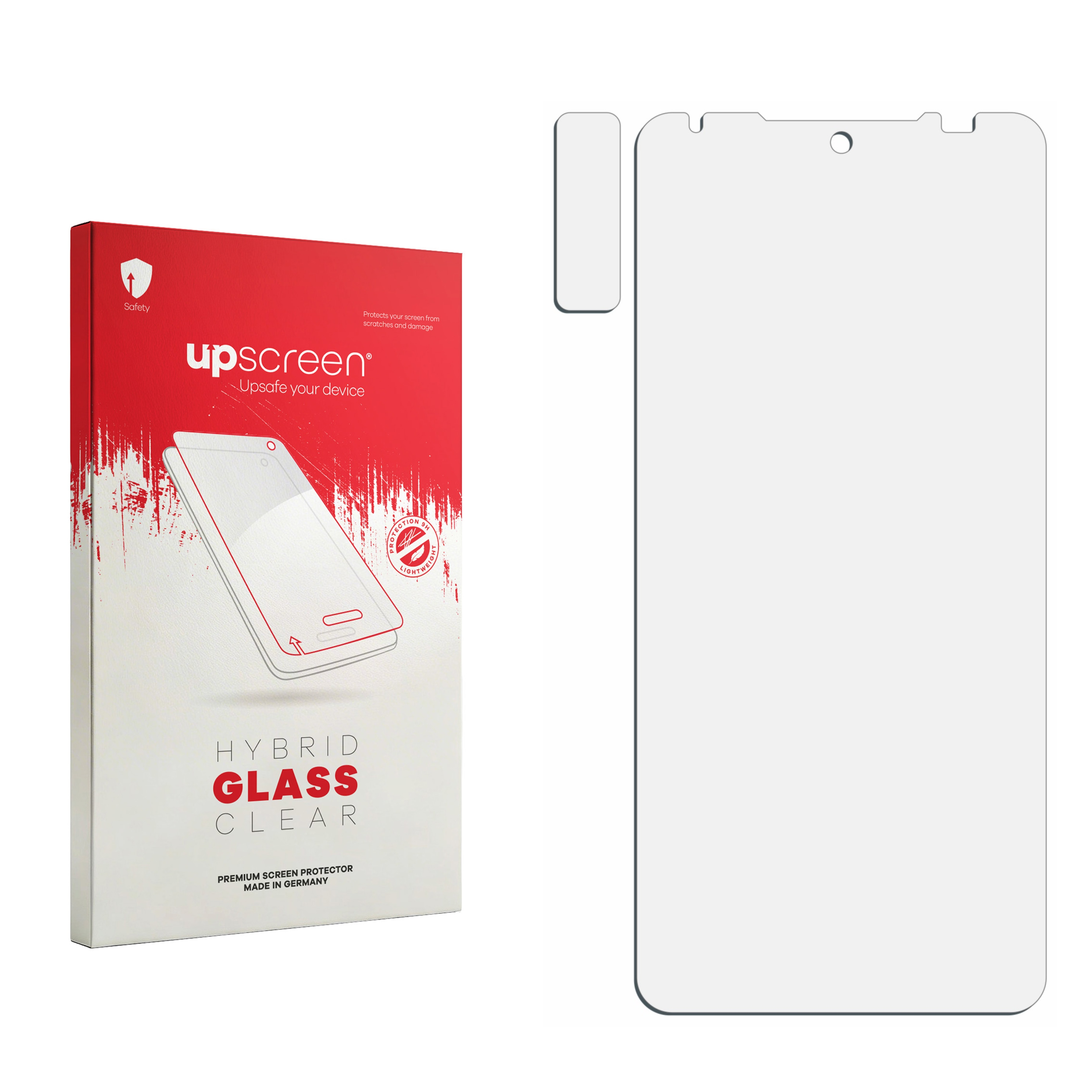 Rote Verpackung mit "upscreen Hybrid Glass Clear" und Schutzfolie.