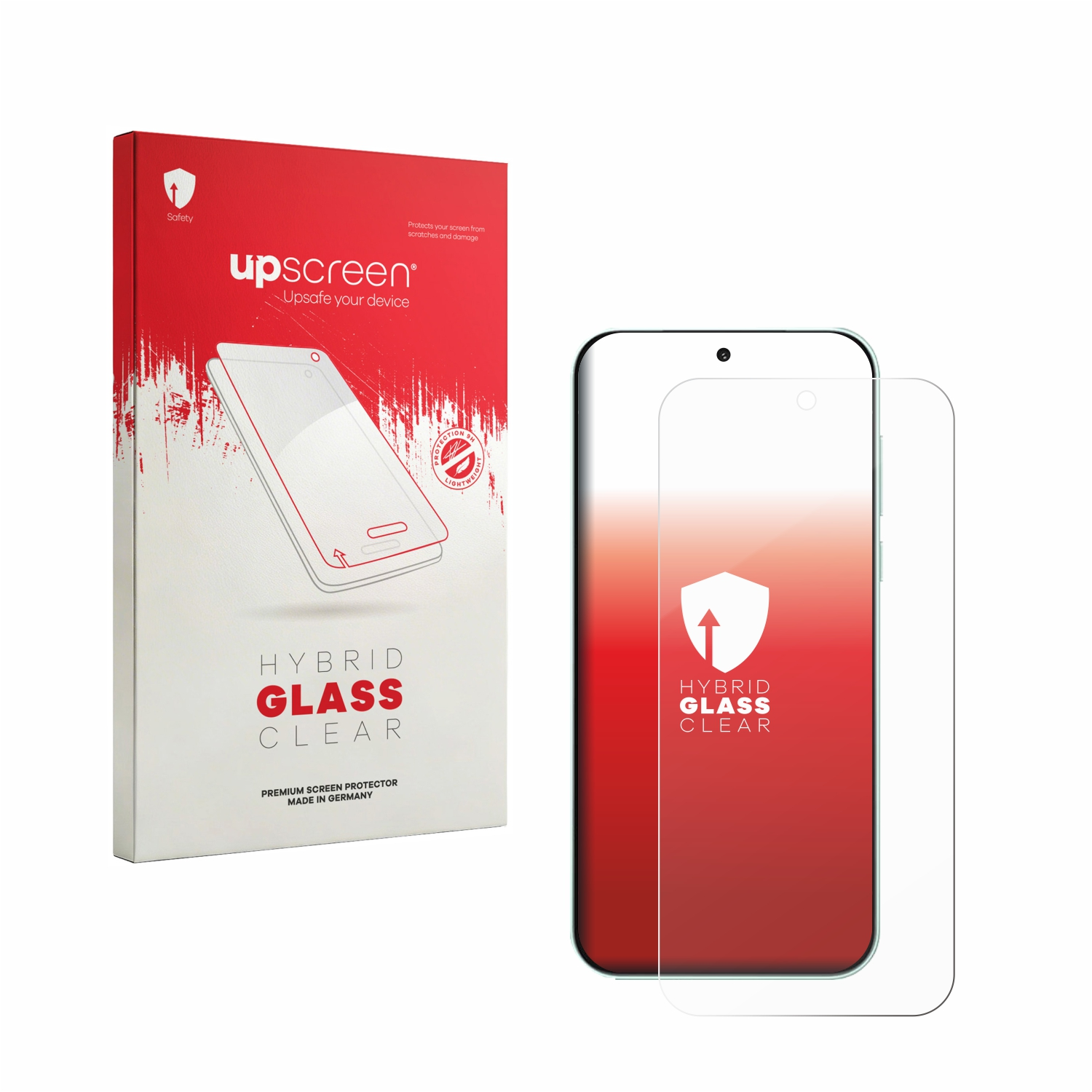 Verpackung und Displayschutzfolie für ein Smartphone mit rotem Farbverlauf und Schild-Logo.