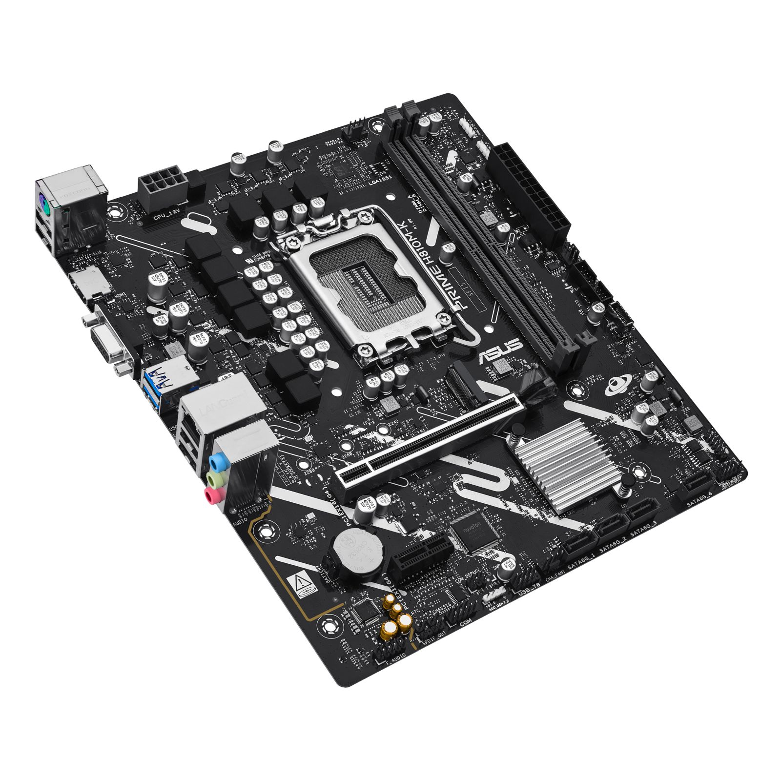 Close-up of a black ASUS PRIME H810M-K motherboard with silver heatsink and various ports.
