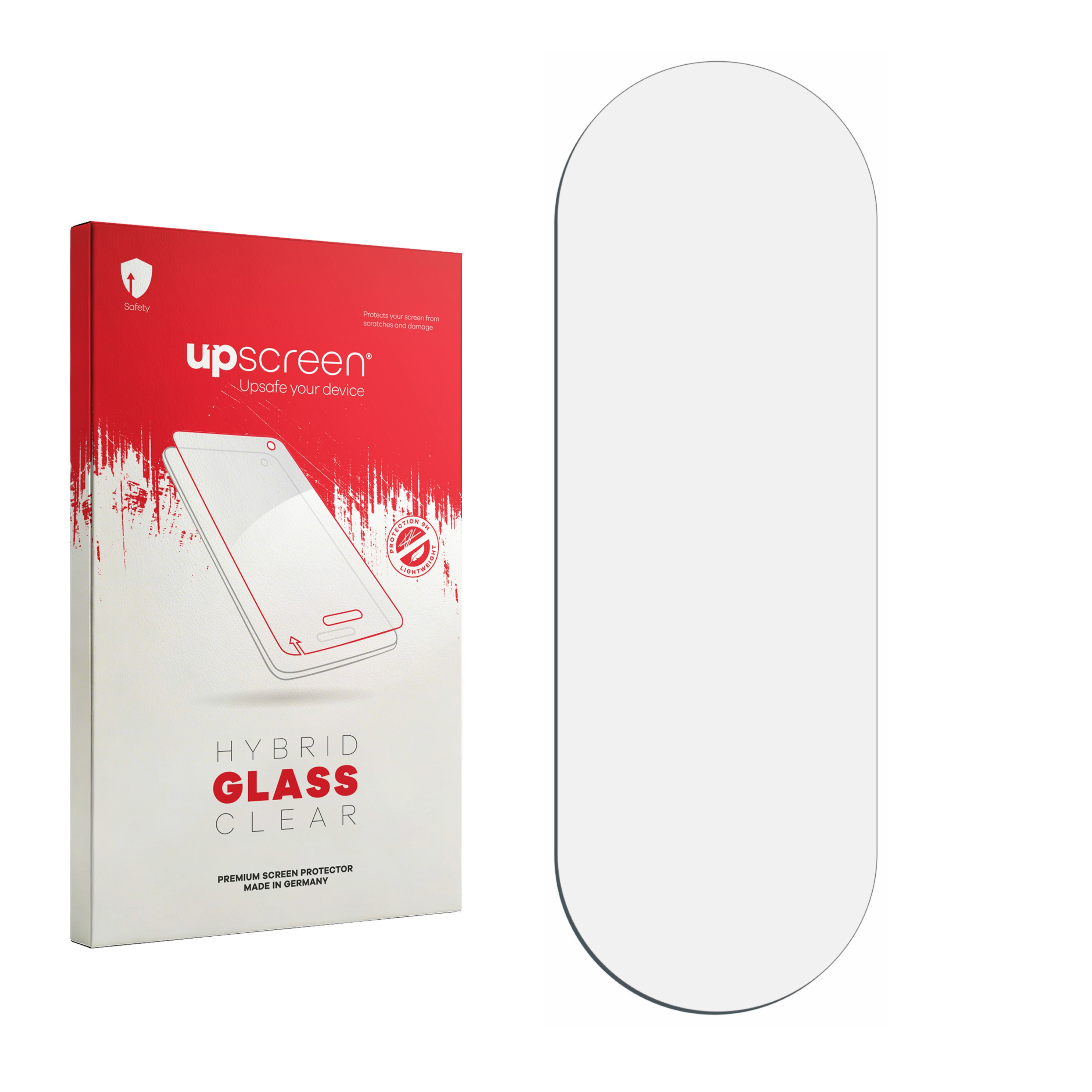 Rote Verpackung für Displayschutzfolie mit Handy-Abbildung und Schutzfolie daneben.