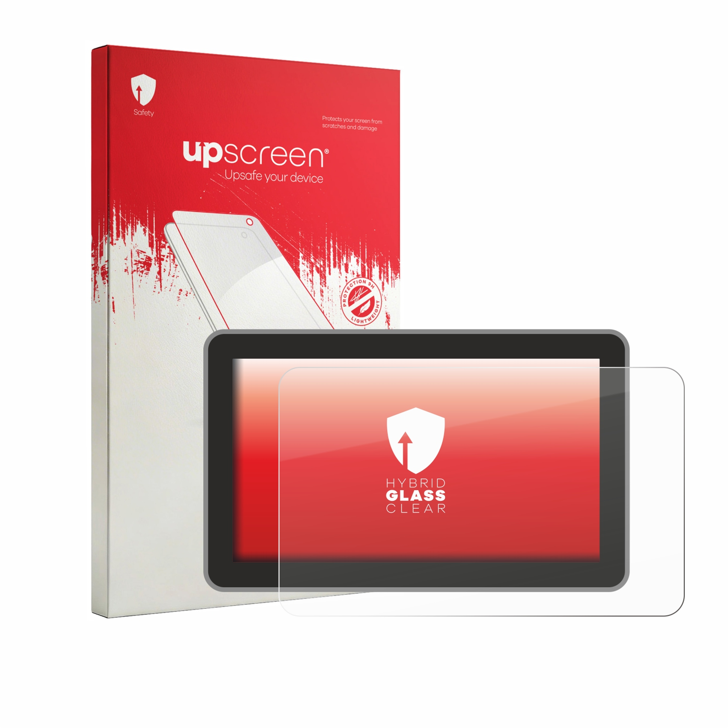 Rote Schachtel mit 'upscreen'-Logo und Displayschutzfolie auf einem Tablet.