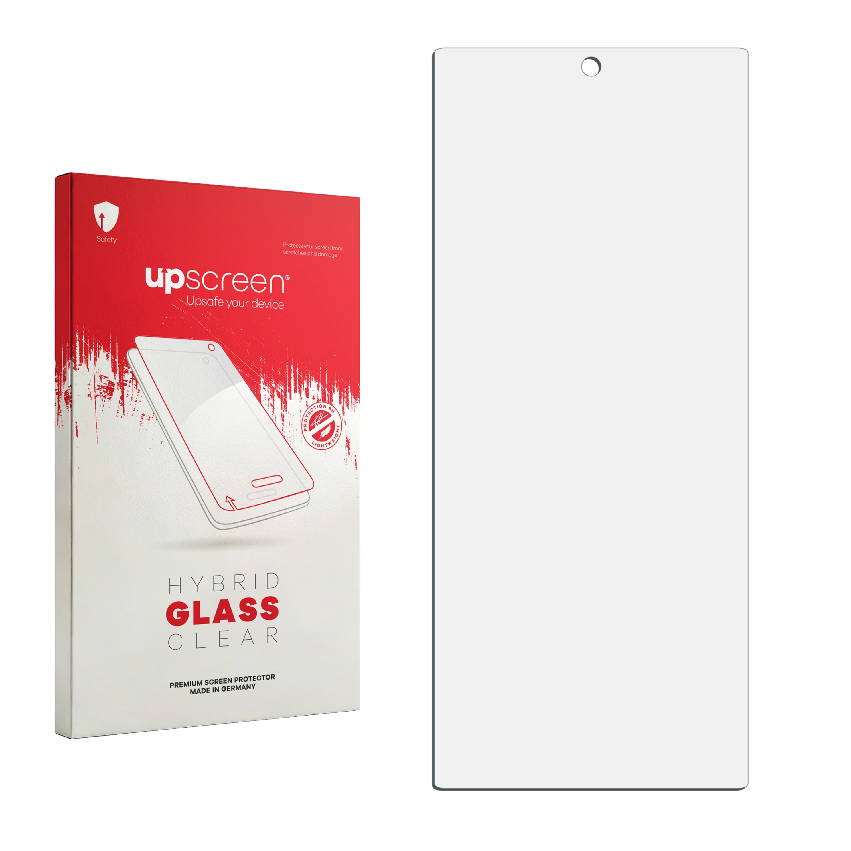 Rote Box für upscreen Hybrid Glass Clear Displayschutzfolie, neben der Folie.