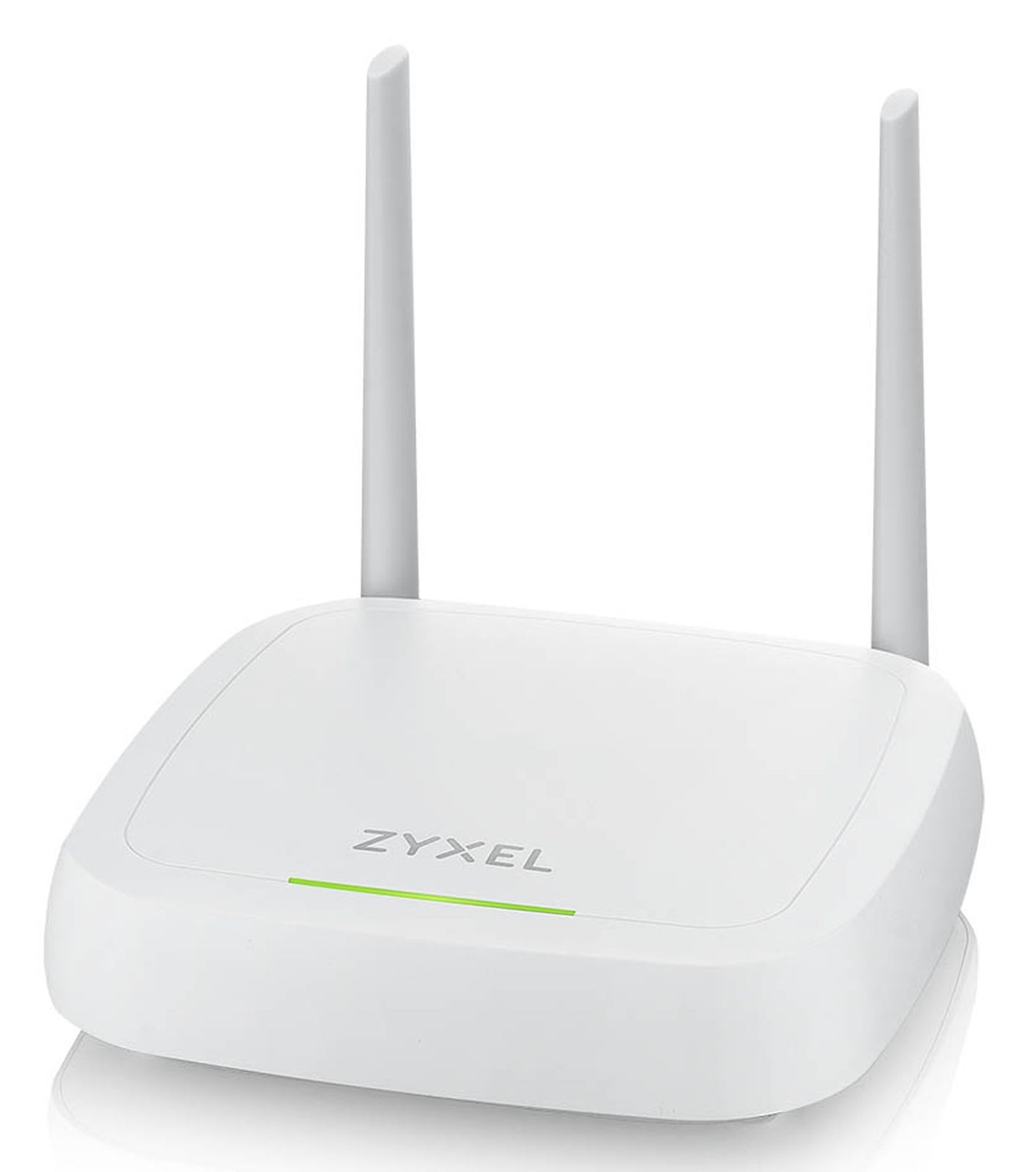 Ein weißer Zyxel WLAN-Router mit zwei Antennen und einer grünen LED.