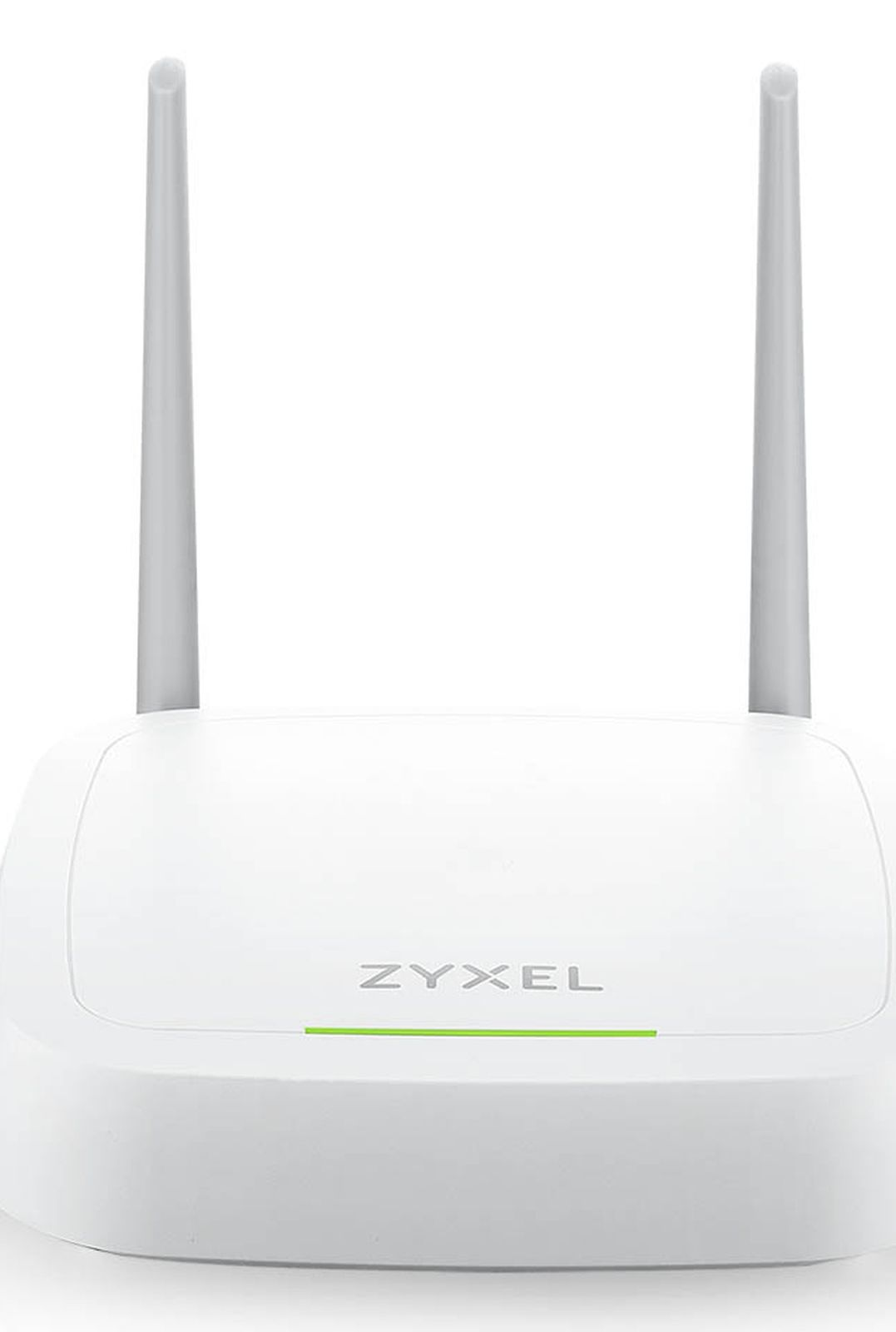 Ein weißer Zyxel-Router mit zwei Antennen und einer grünen LED.