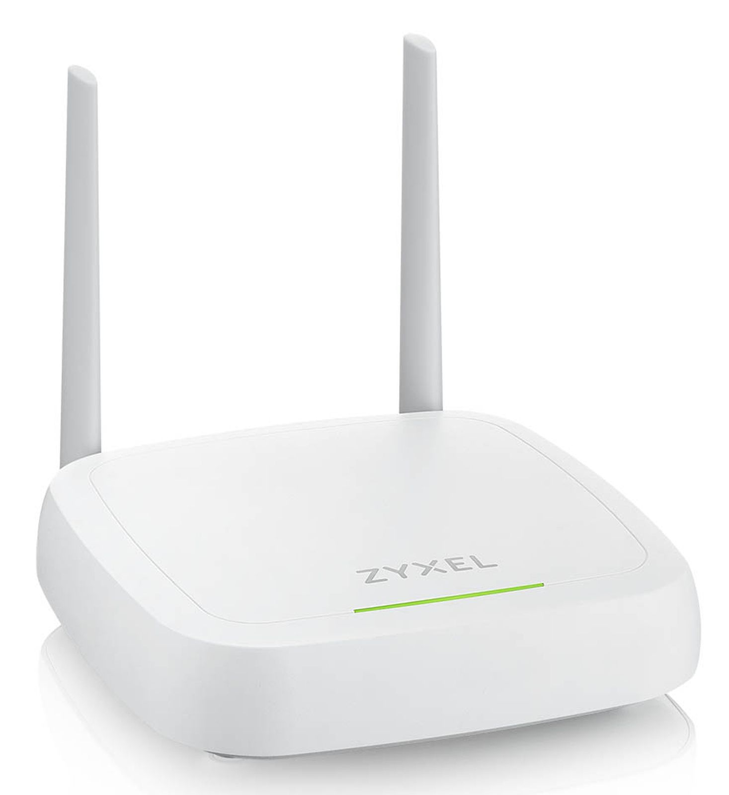 Weißer WLAN-Router mit zwei Antennen und grünem Lichtstreifen.