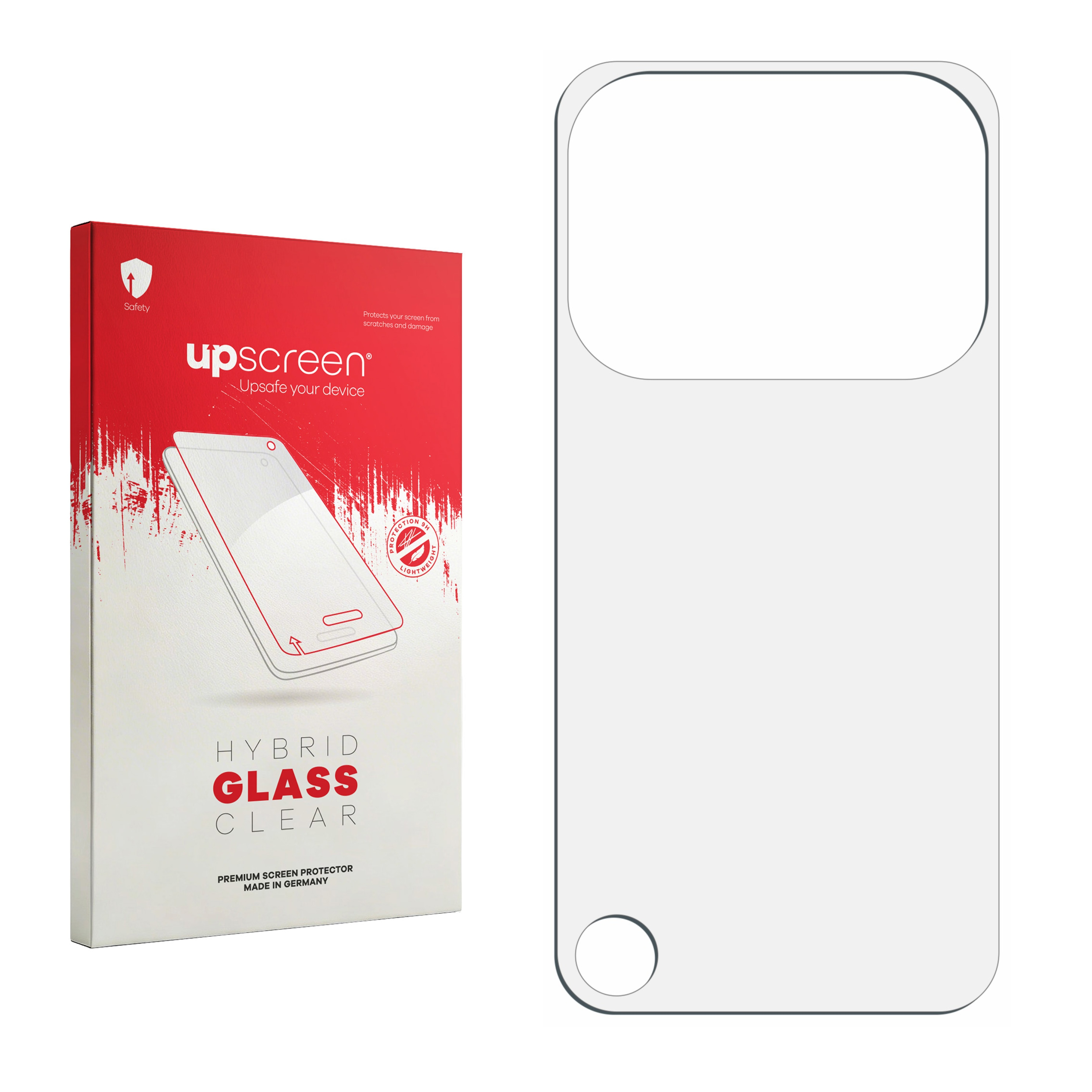 Verpackung für Displayschutzfolie mit Smartphone-Abbildung und leerer Schutzfolie.