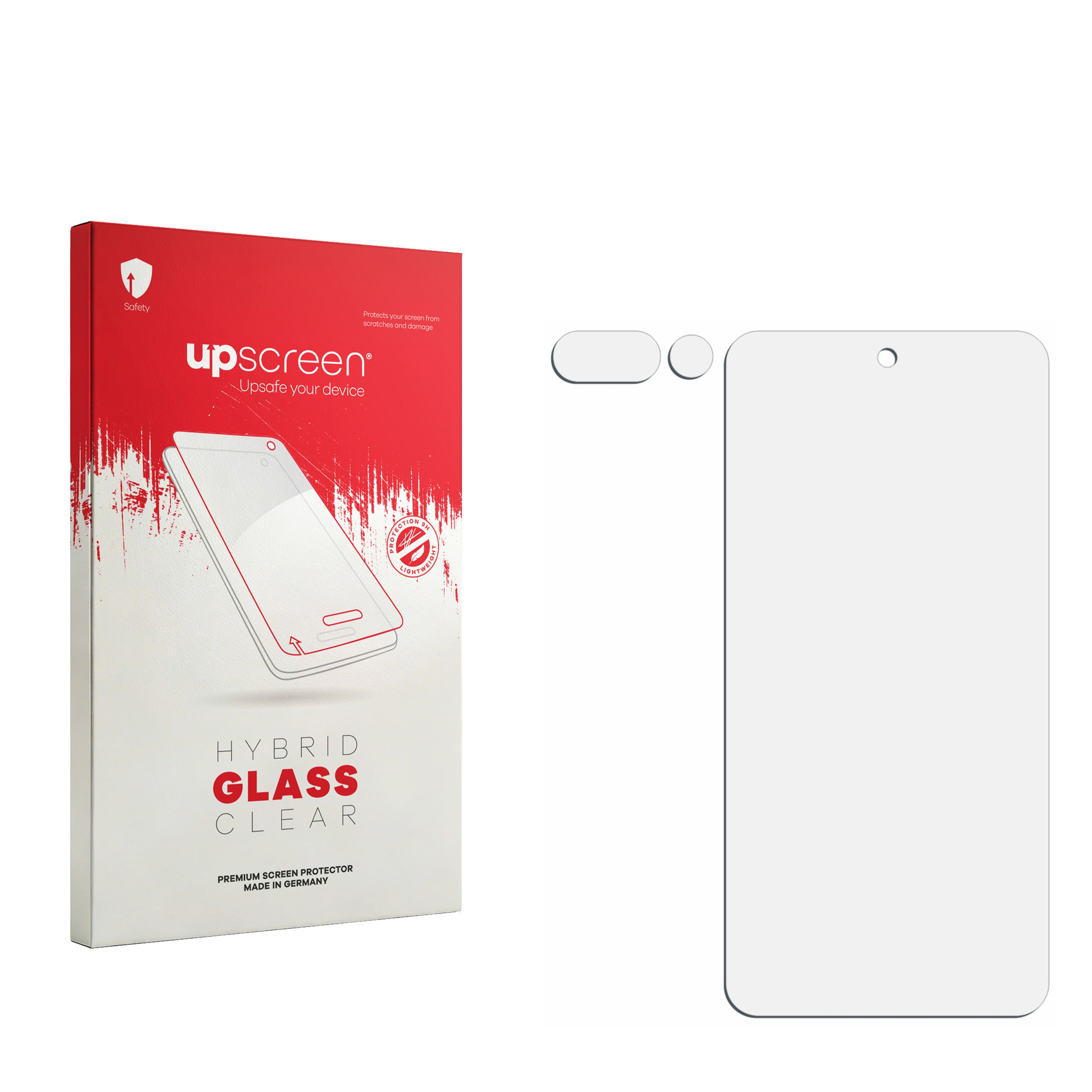 Verpackung für einen Displayschutz aus Hybridglas mit einer Schutzfolie daneben.