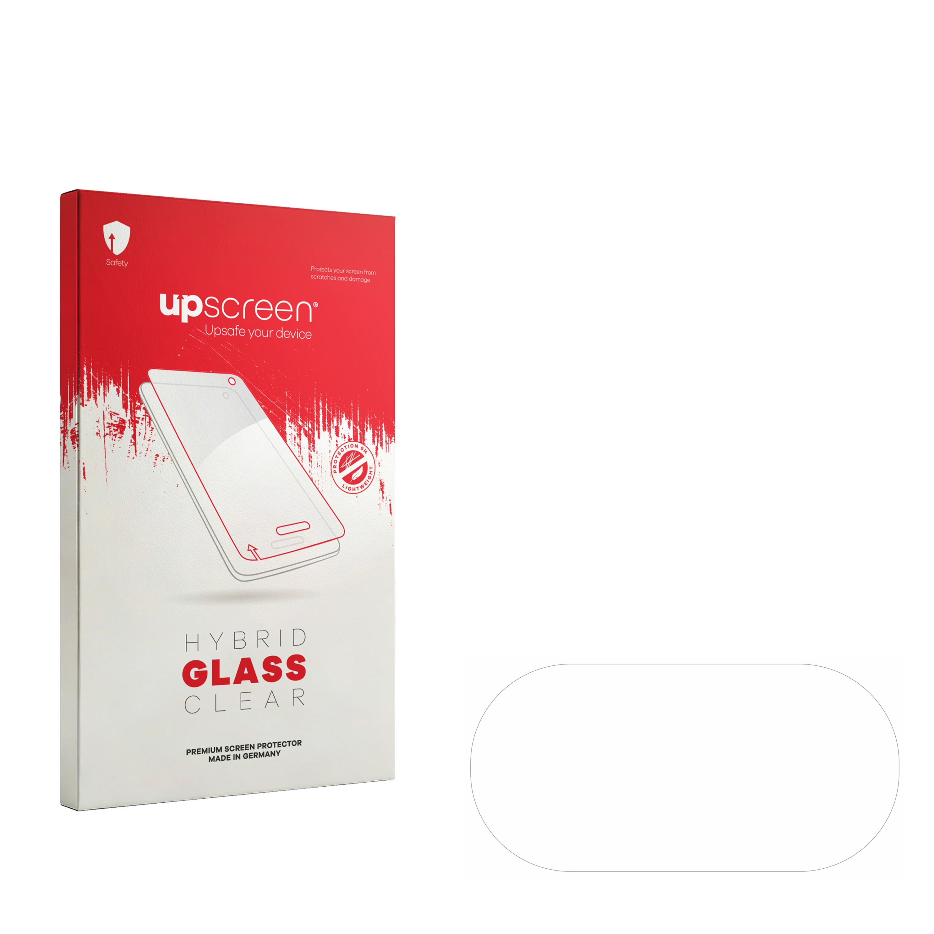 Verpackung für einen Displayschutz aus Hybridglas, rot und weiß.