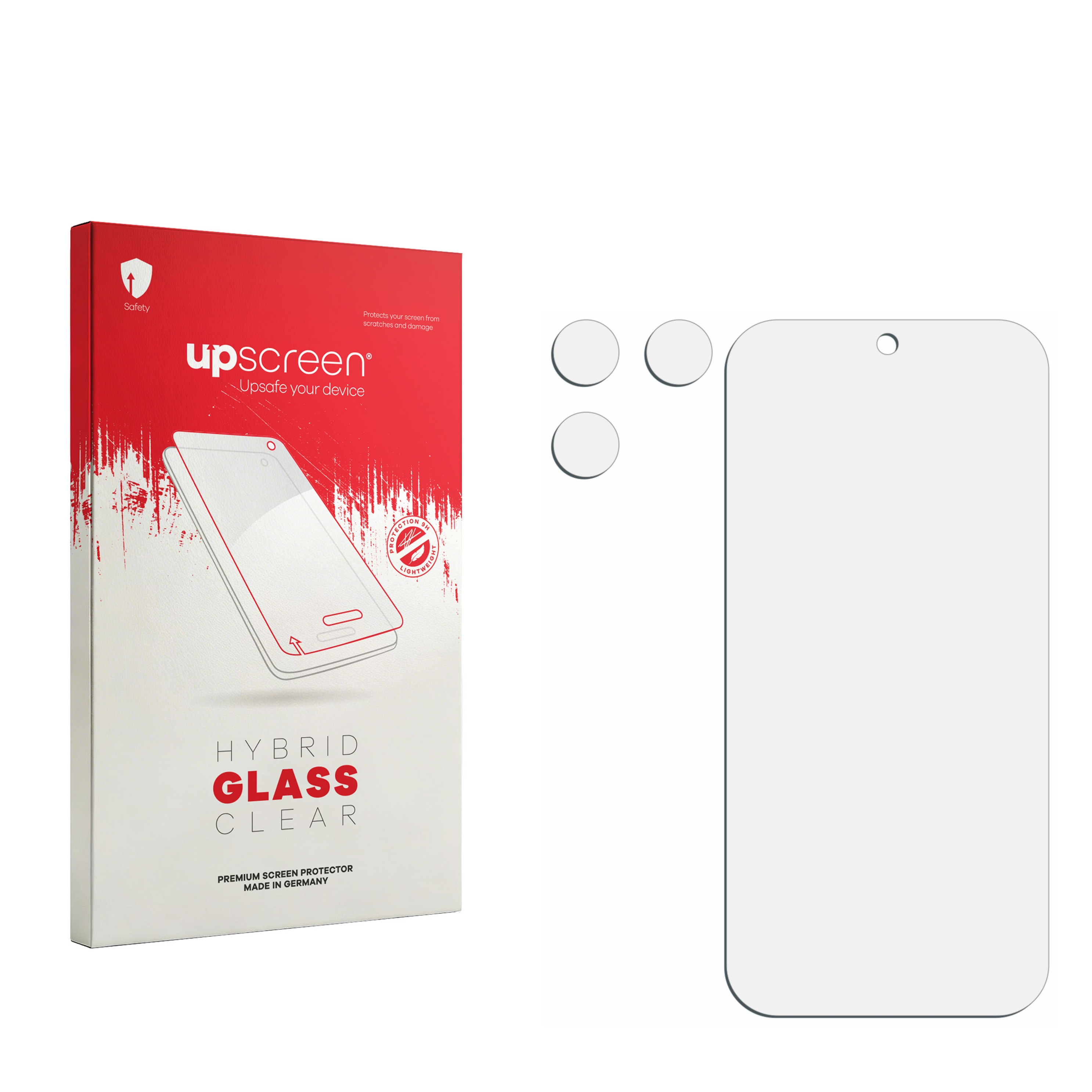Rote Box für 'upscreen' Hybridglas Klare Displayschutzfolie, mit Handy-Grafik.