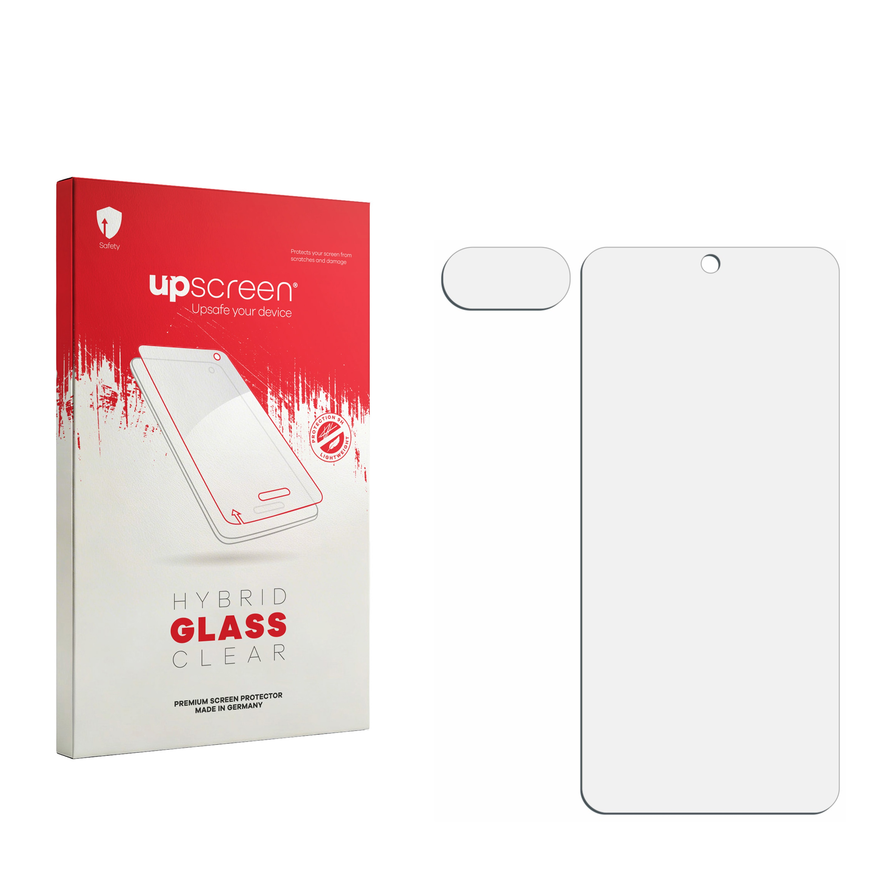Rote Verpackung für "Hybrid Glass Clear" Displayschutzfolie daneben.