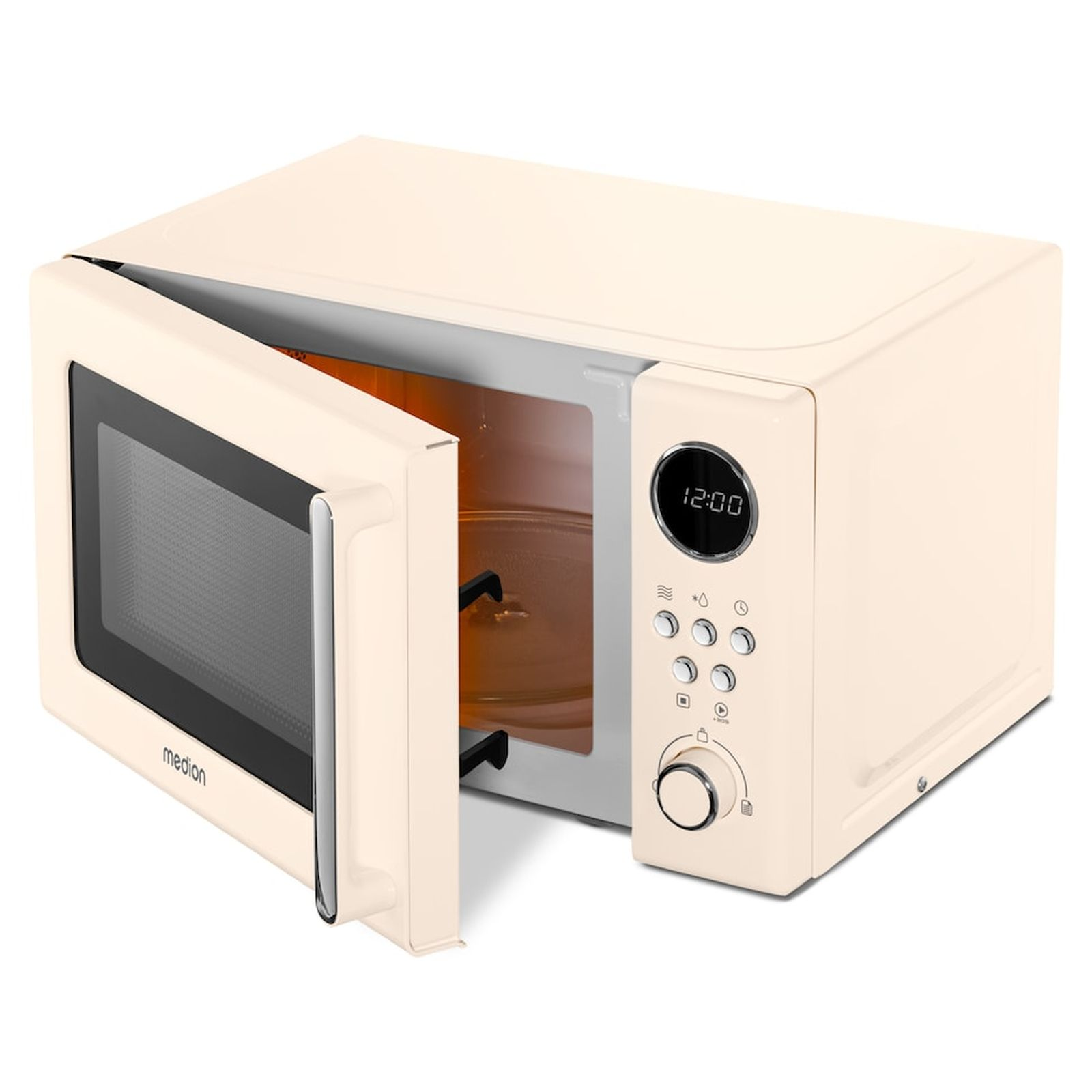 Een crème-kleurige magnetron met open deur en digitale tijdsweergave.