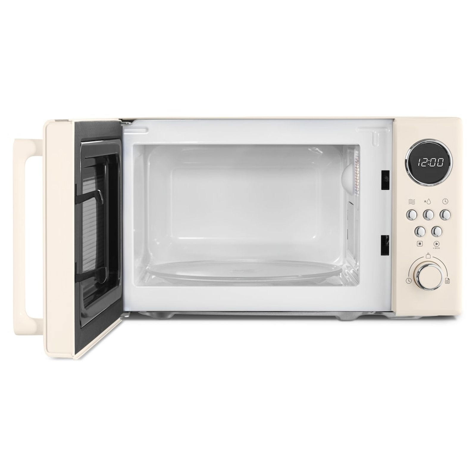 Beige magnetron met open deur, digitaal display toont 12:00.