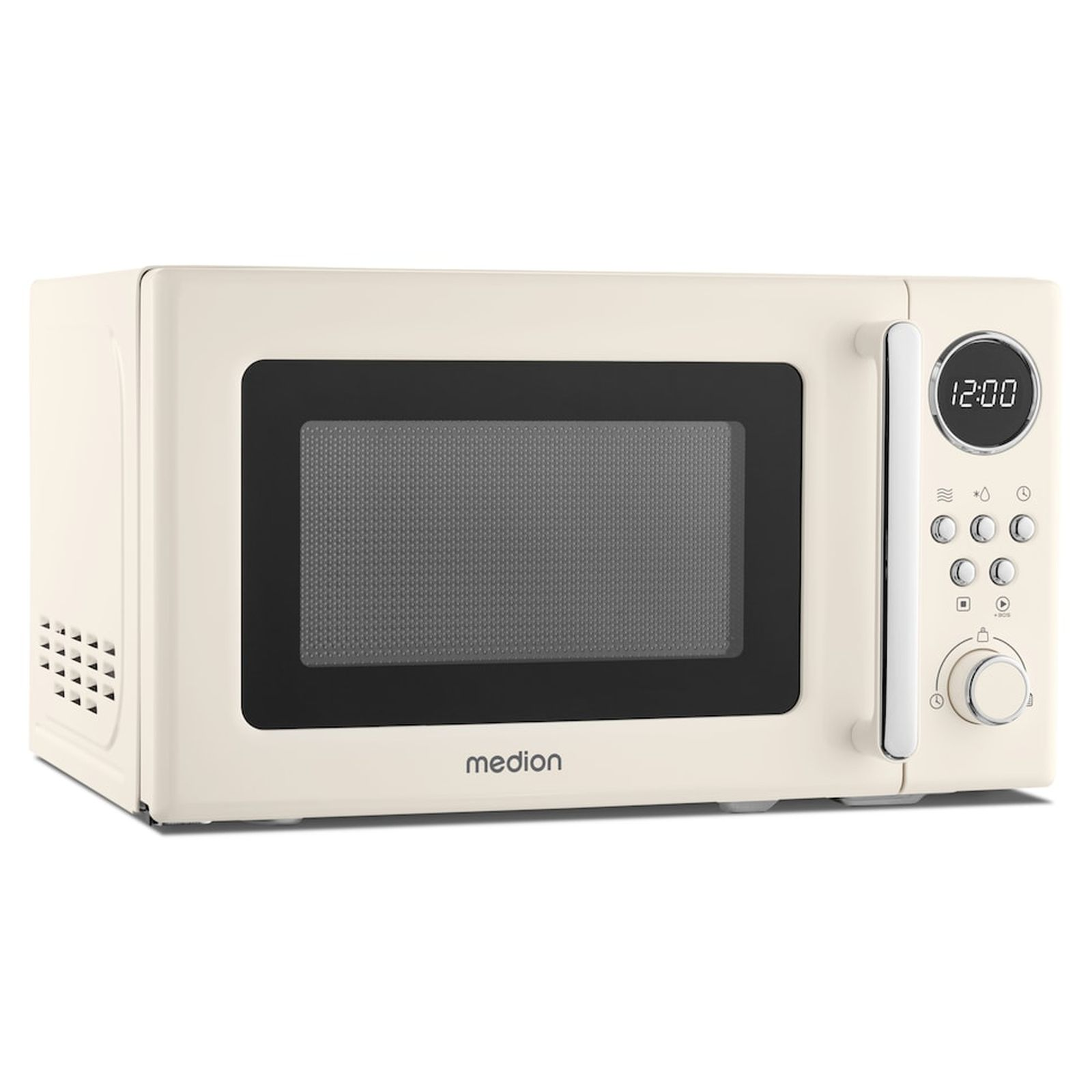 Crèmekleurige retro magnetron met digitaal display dat 12:00 toont.
