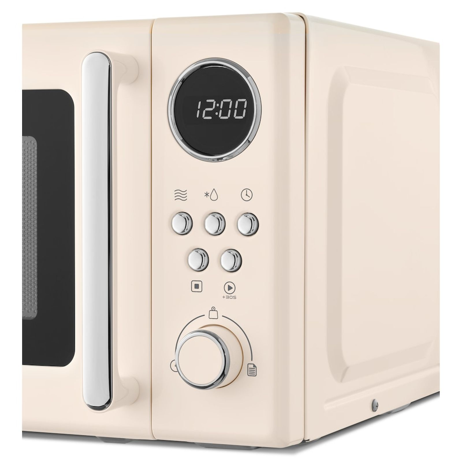 Crèmekleurige magnetron met zilveren handvat en digitaal display.