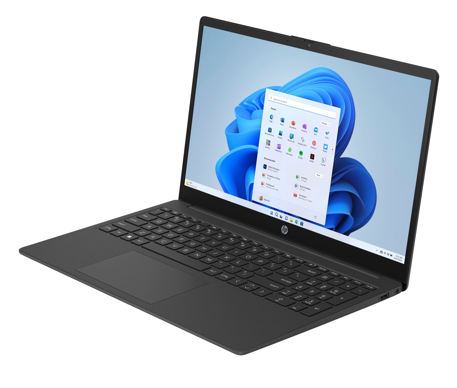 Czarny laptop z systemem Windows 11 na ekranie, pokazany z profilu.