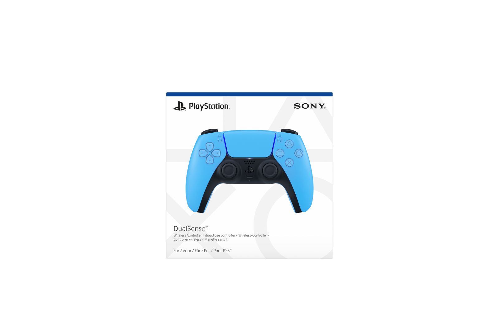 Niebieski kontroler PlayStation DualSense z logo Sony i PlayStation.
