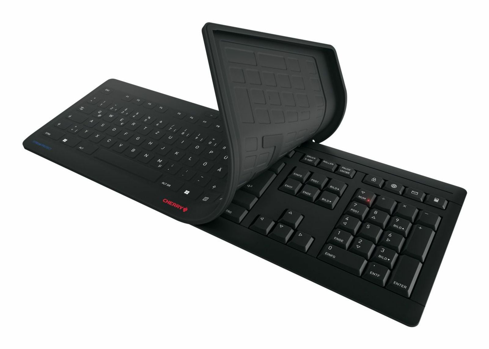 Eine flexible schwarze Tastatur, die sich in der Mitte biegt. Darauf sind Tasten mit deutscher Beschriftung zu sehen.