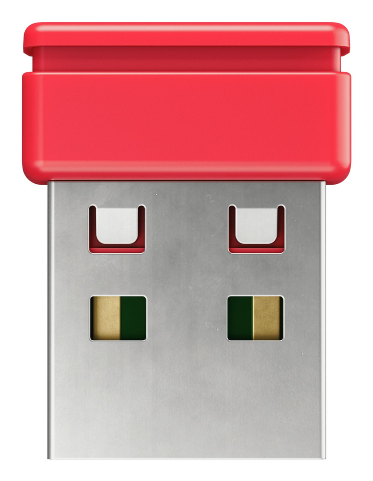 Primo piano di una chiavetta USB rossa con connettore argentato e quattro aperture rettangolari.