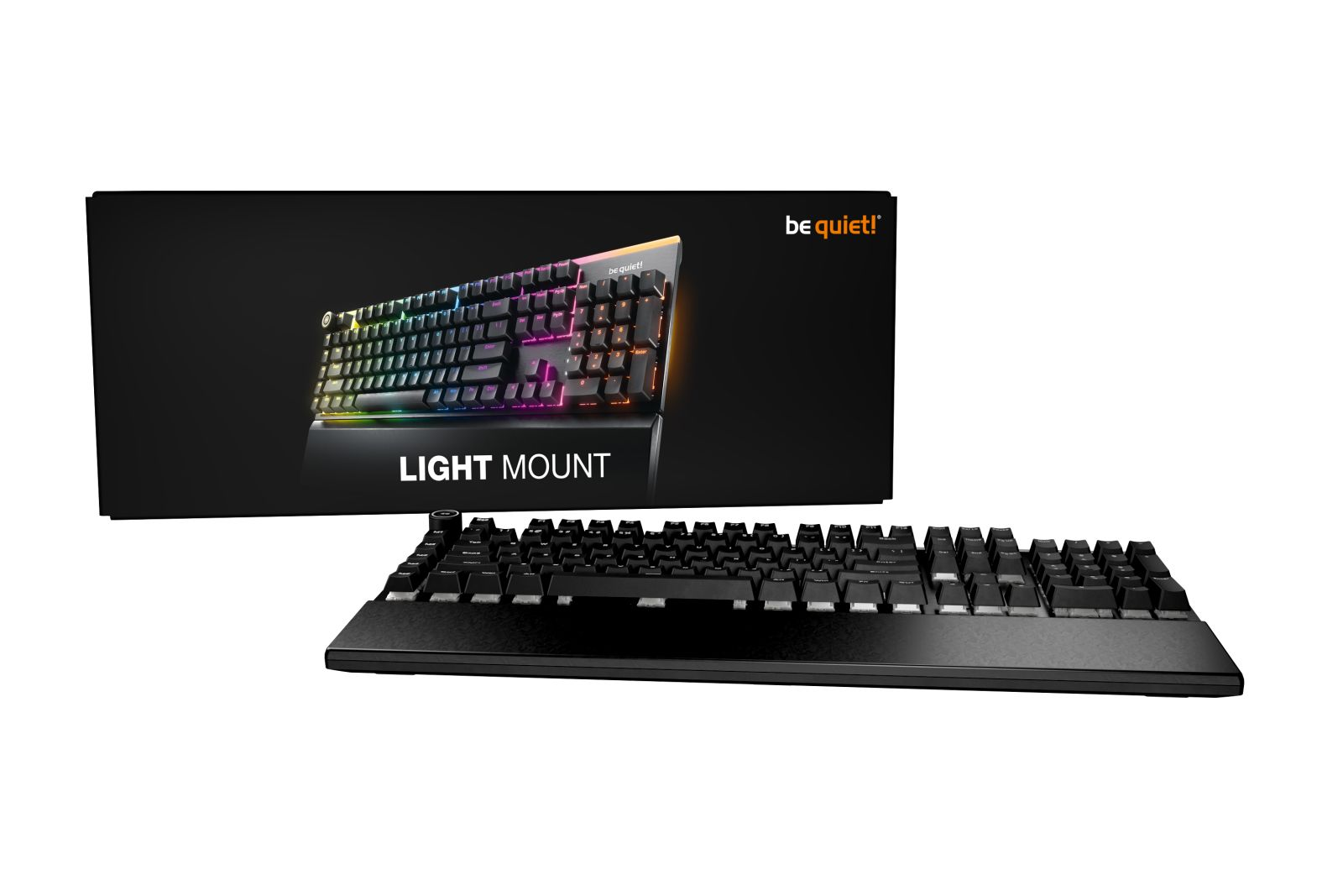 Eine Tastatur mit RGB-Beleuchtung steht vor einer Box mit dem Schriftzug "LIGHT MOUNT".