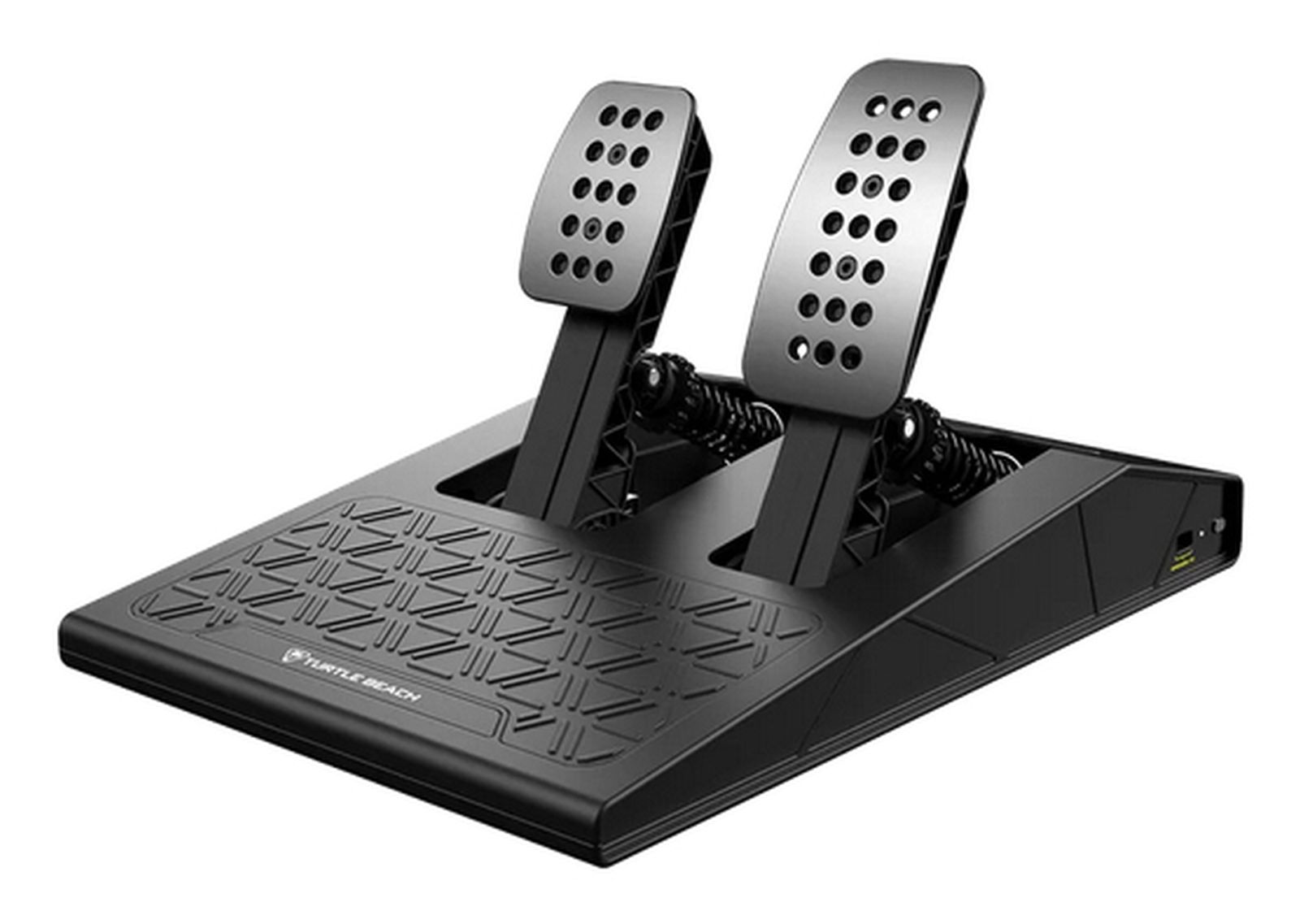 Schwarzes Pedalset mit zwei Pedalen und einer Basis mit Rautenmuster.