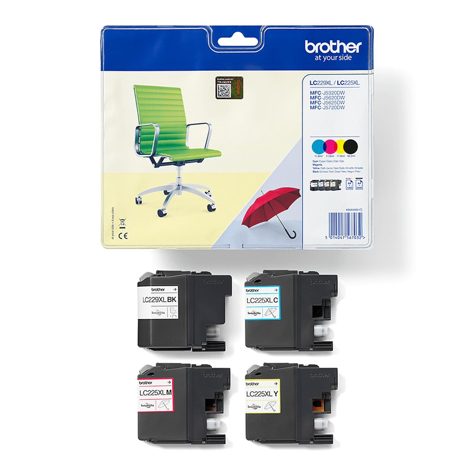 Verpackung mit Brother-Tintenpatronen: LC229XL BK, LC225XLC, LC225XLM, LC225XLY.