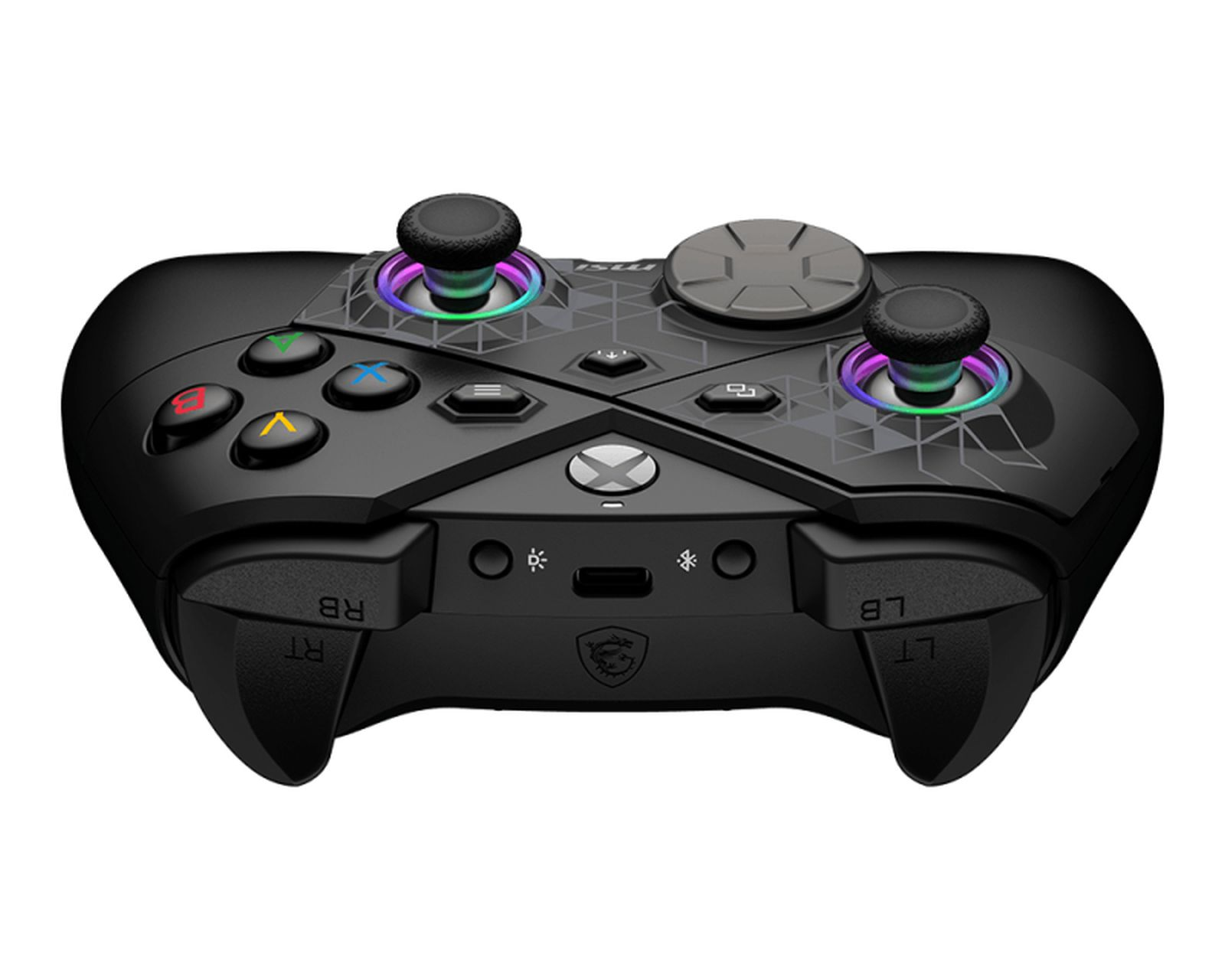 Black gaming controller with colorful lights and buttons.