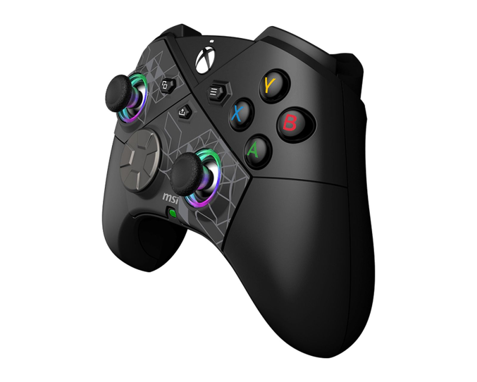 A black Xbox controller with illuminated joysticks and buttons, on a white background.