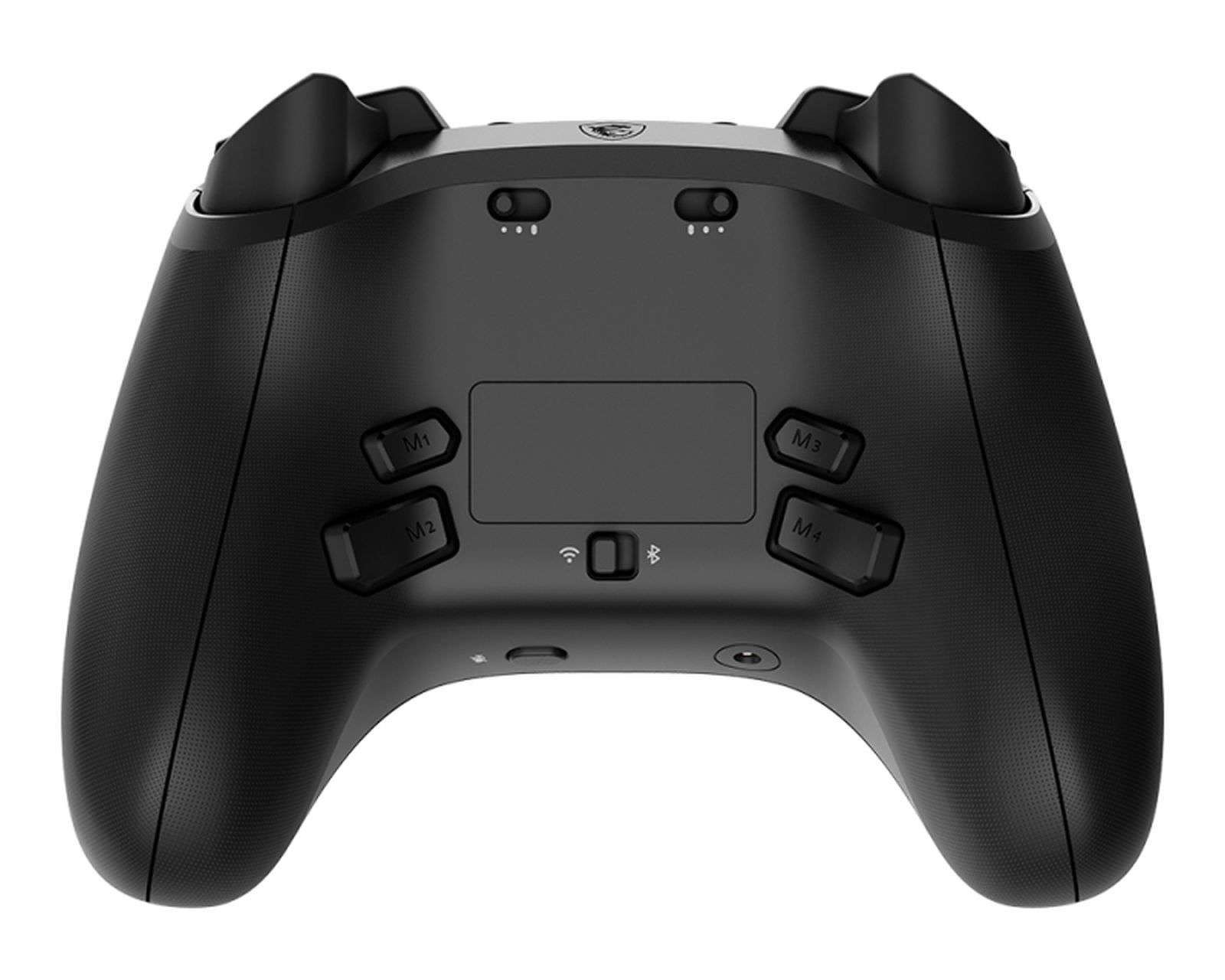 Back of a black controller with four M buttons and a rectangular panel.