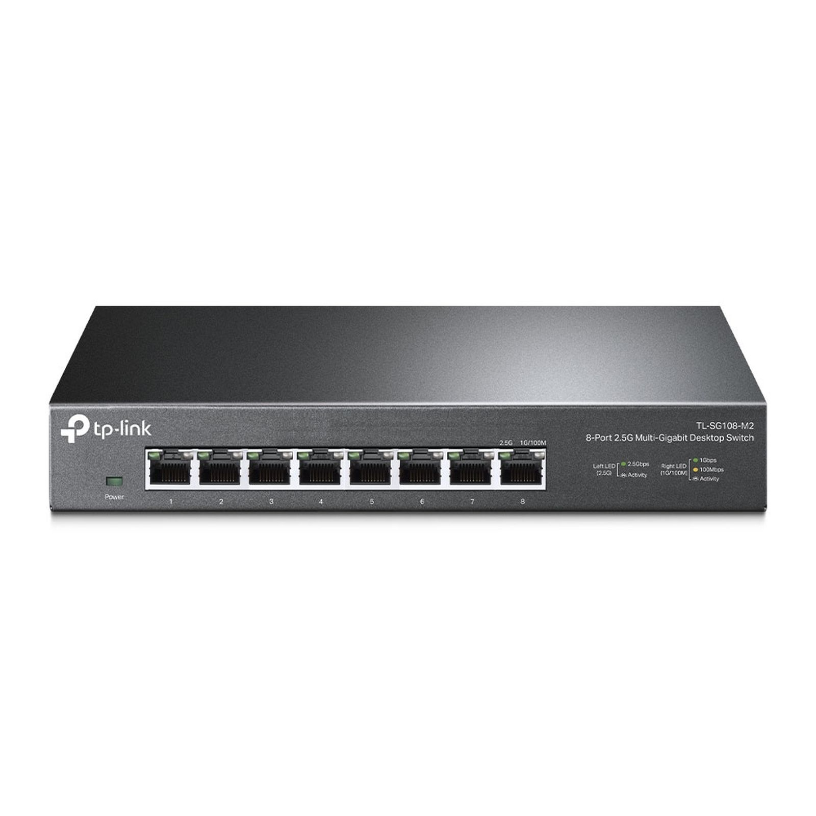 Ein grauer TP-Link 8-Port 2.5G Multi-Gigabit Desktop Switch mit Anschlüssen und LEDs.