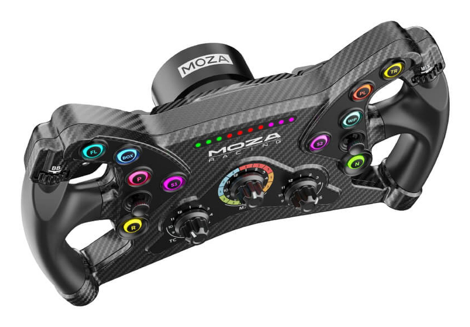 Ein schwarzer Carbon-Rennlenkrad mit Knöpfen, Drehreglern und LEDs.