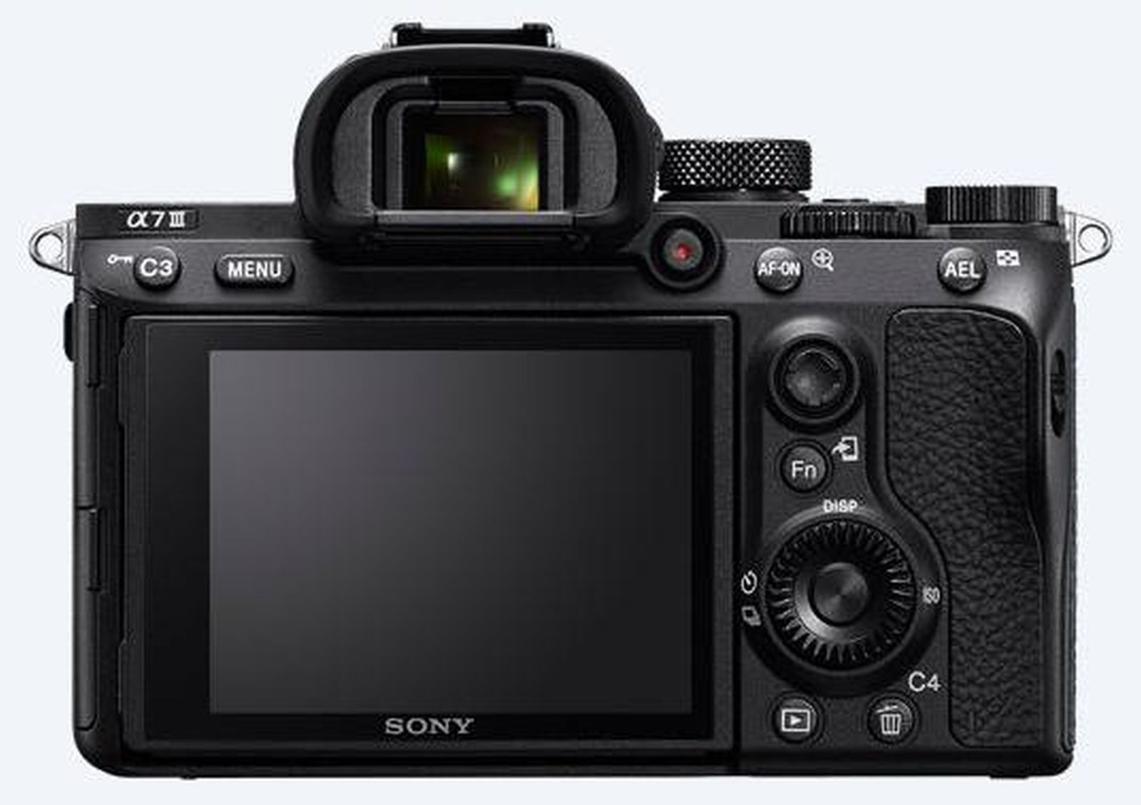 Rear view of a black Sony Alpha 7 III camera, showing the LCD screen and controls.