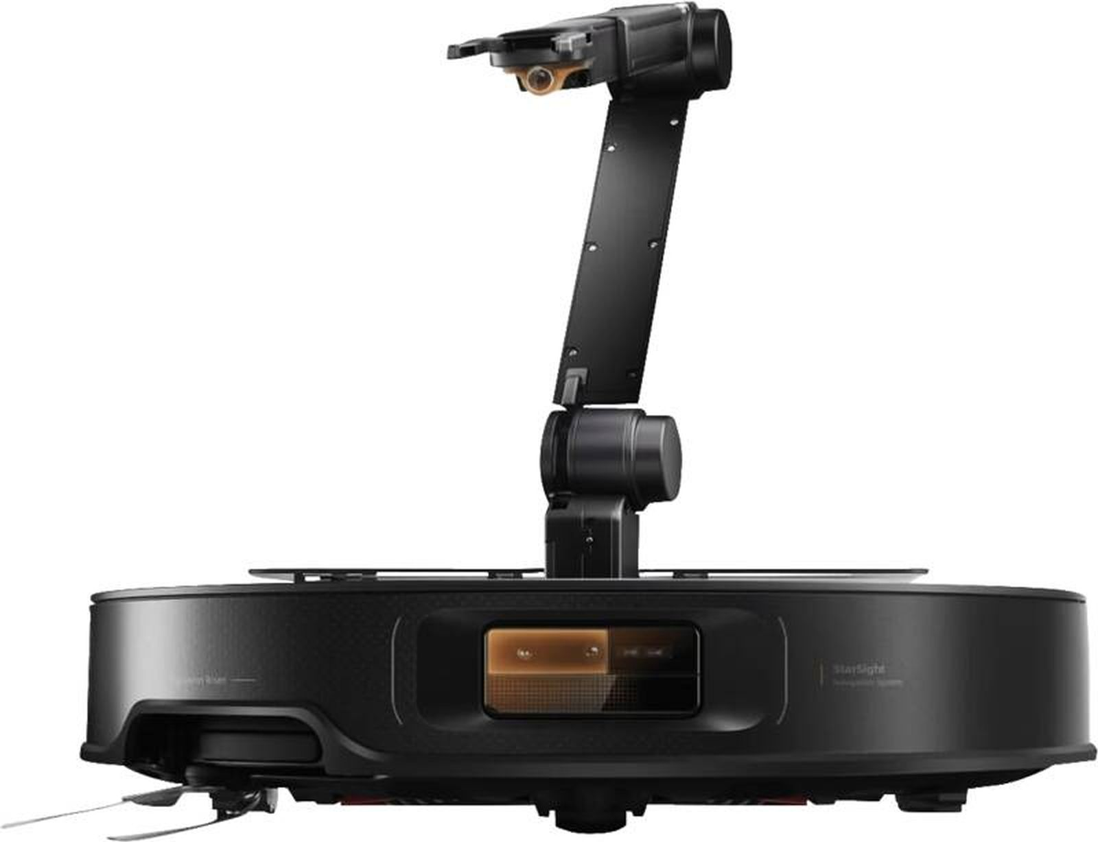 Ein schwarzer Roboter mit einem Arm und einer Kamera, auf weißem Hintergrund.