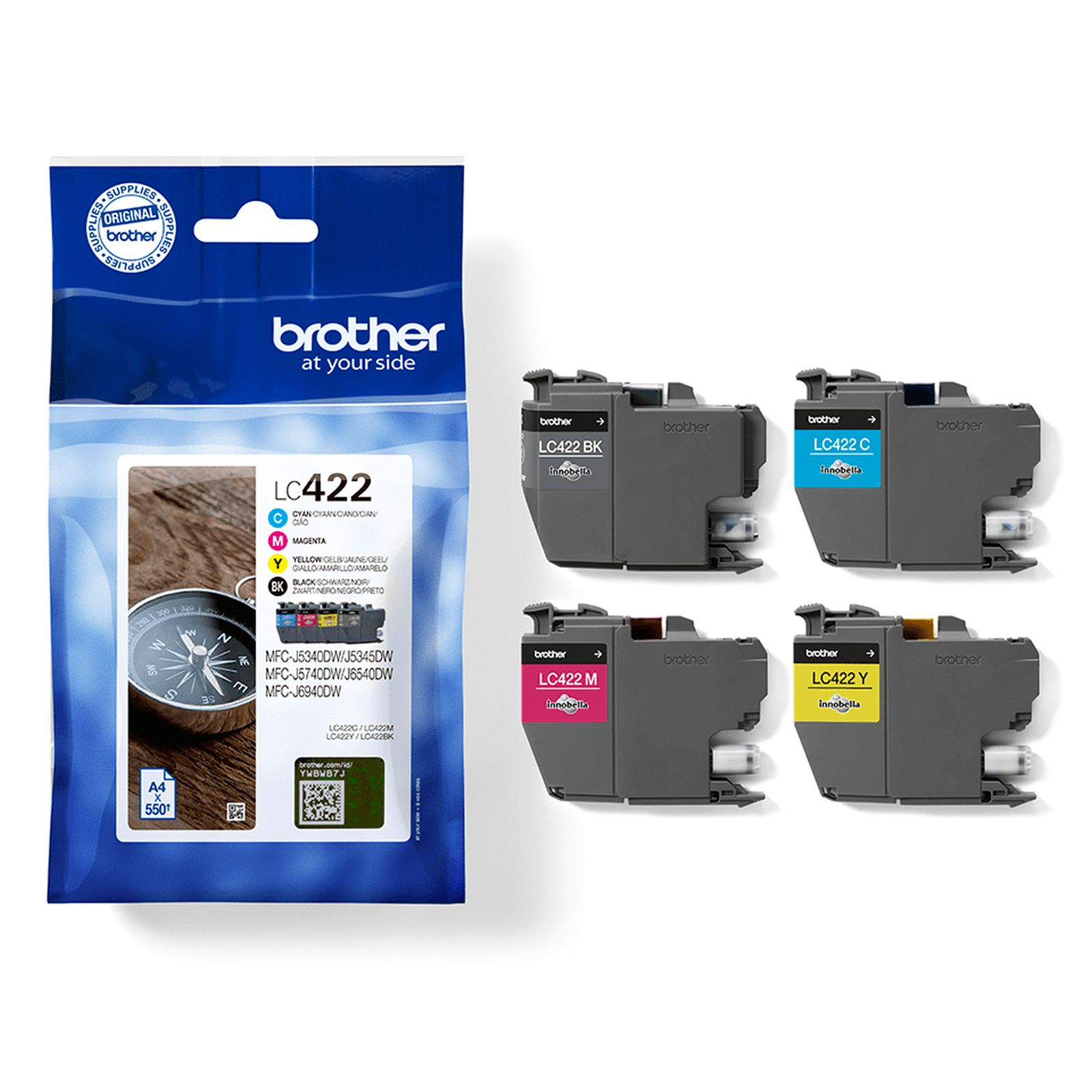 A Brother LC422 ink pack with cyan, magenta, yellow, and black cartridges.