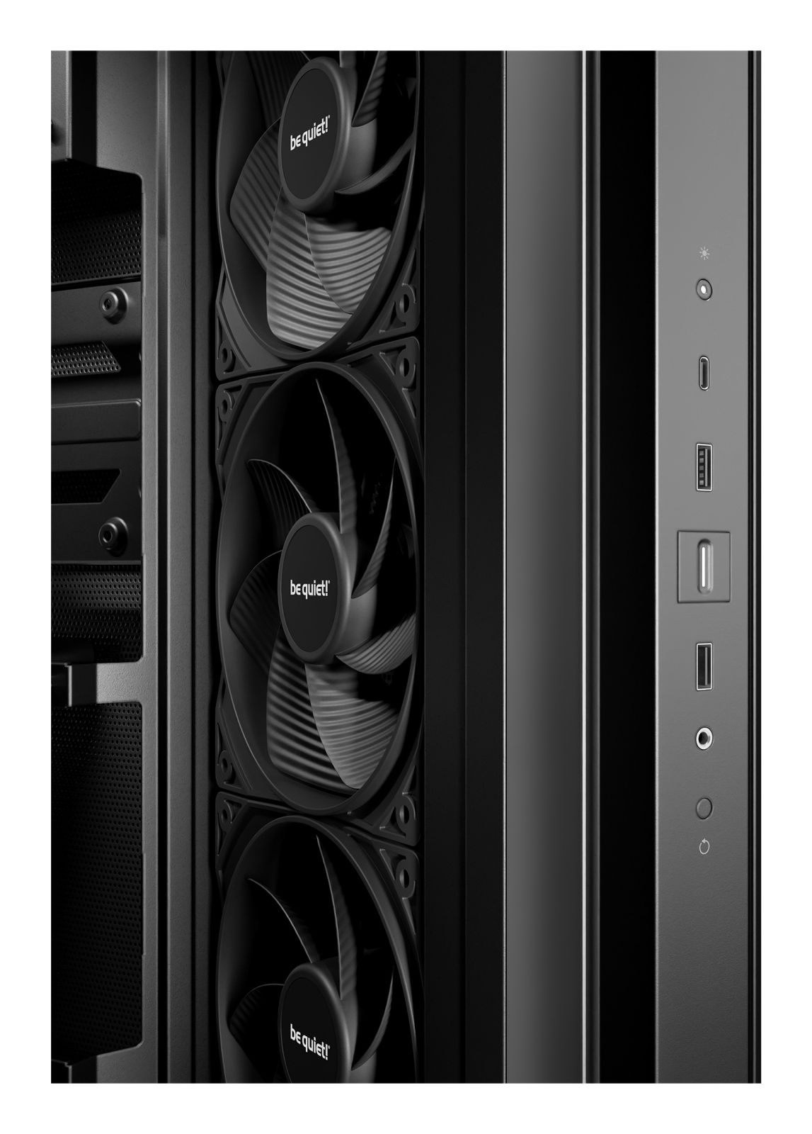 Case per computer nero con tre ventole e porte laterali.