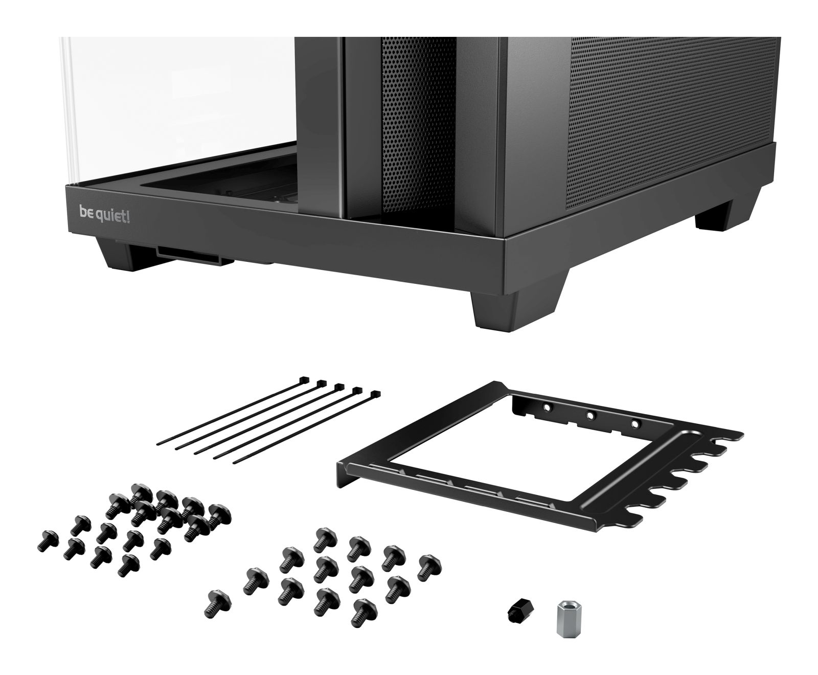 Ein schwarzes Computergehäuse und Zubehör, darunter Schrauben und Kabelbinder.