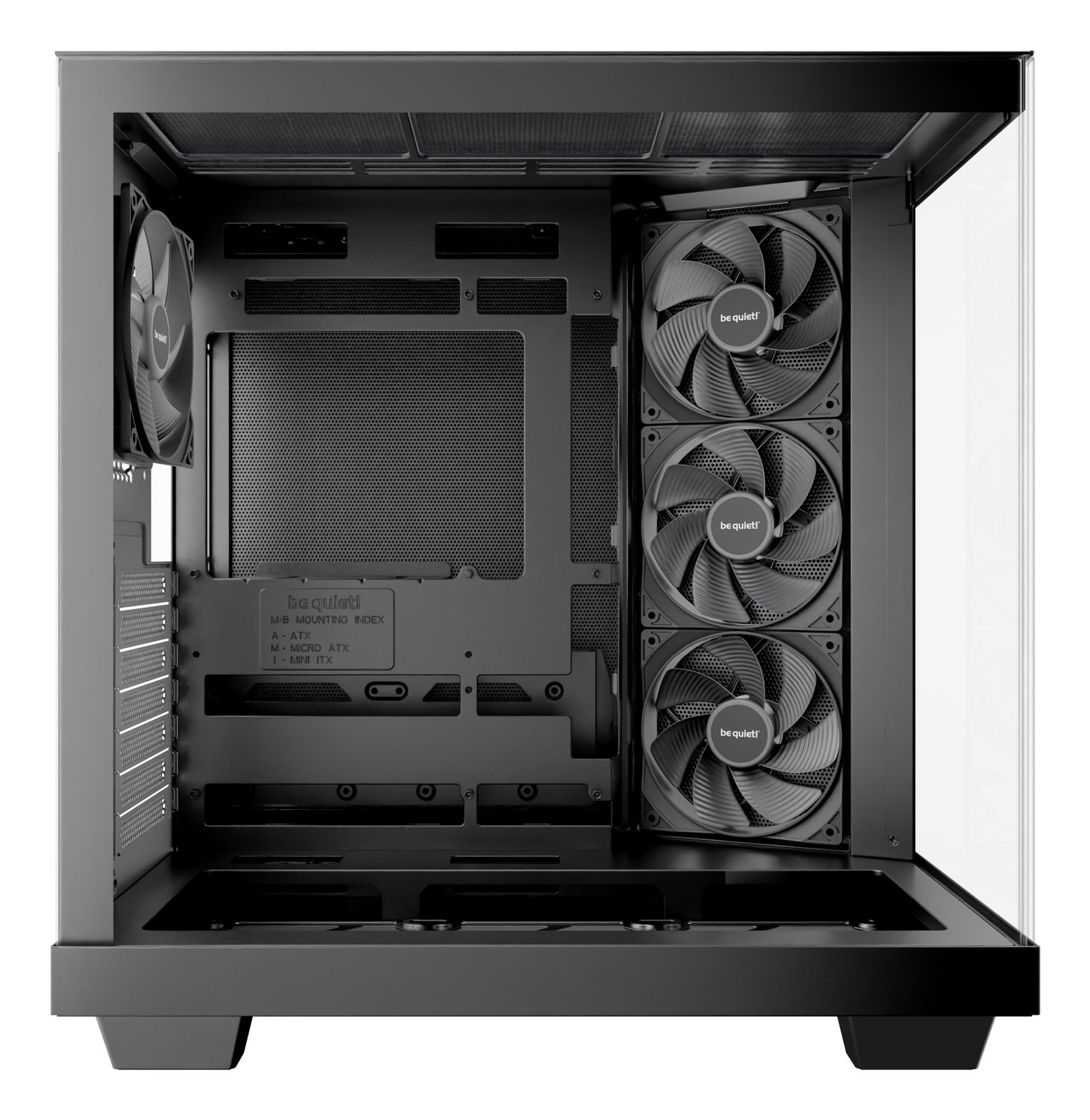 Un case per PC nero con ventole e pannello frontale in vetro.