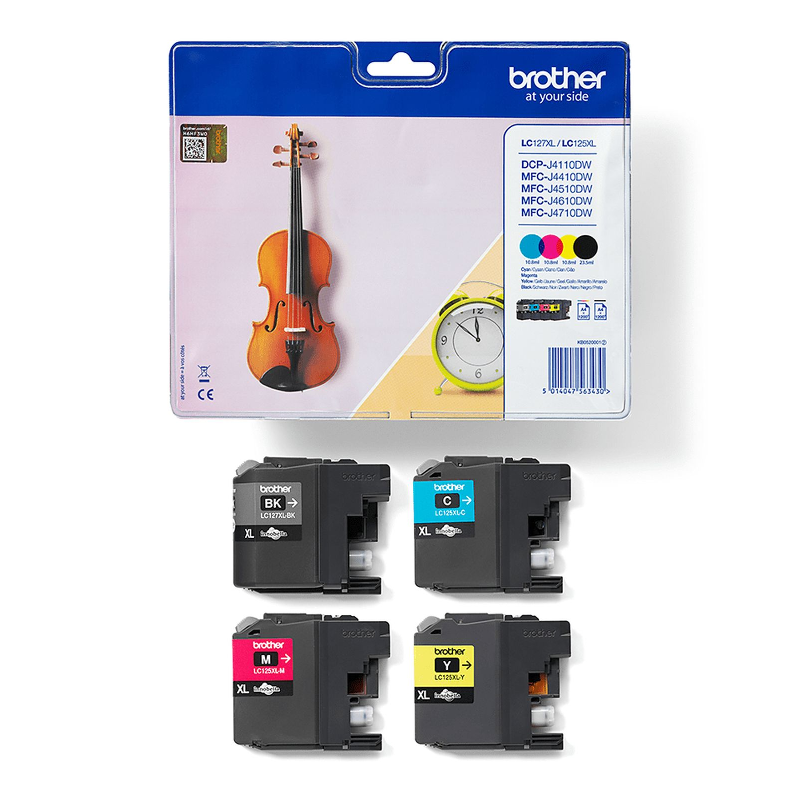 Verpackung mit Geige und vier Tintenpatronen: Schwarz, Cyan, Magenta, Gelb.