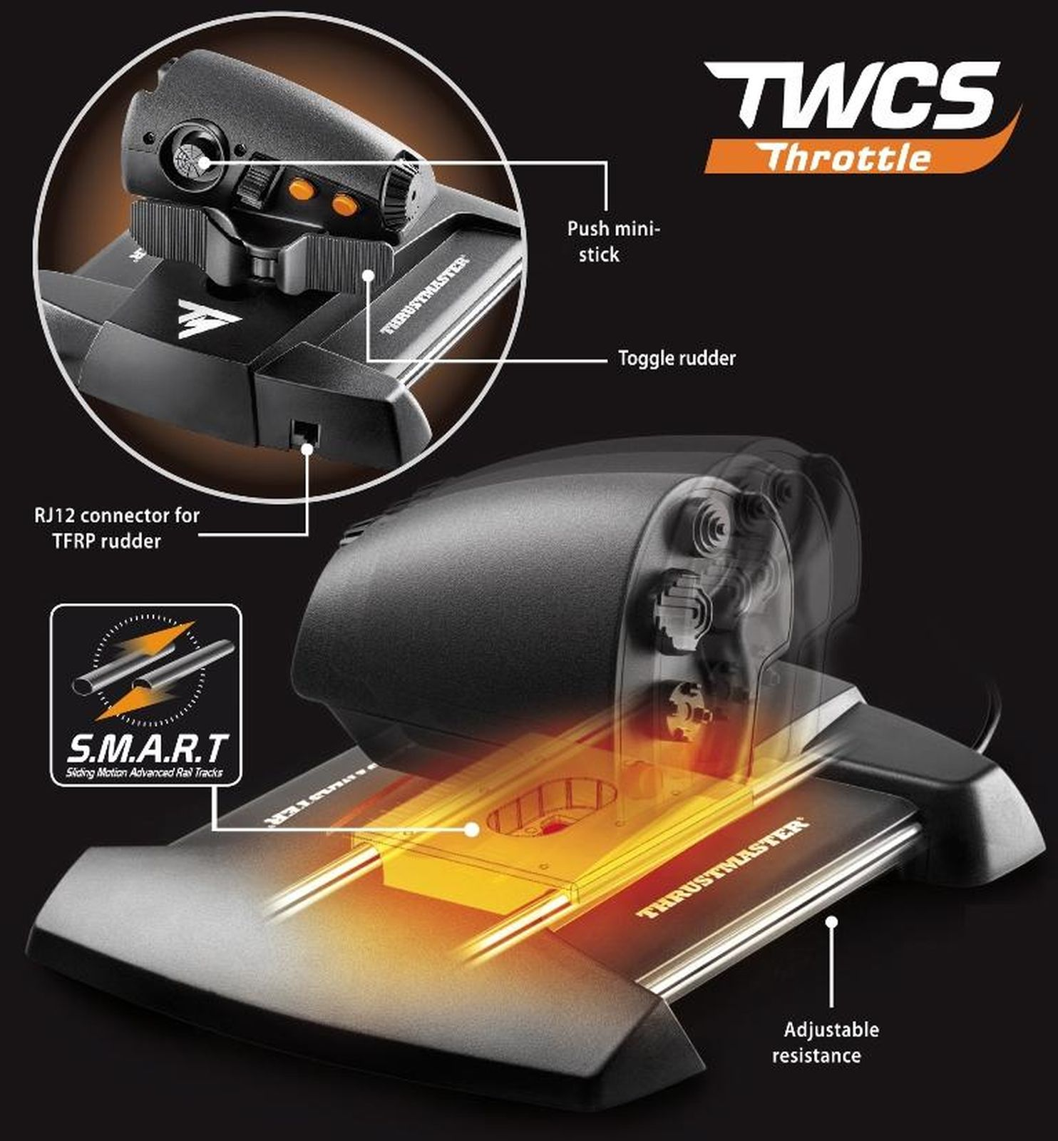 A black TWCS throttle with S.M.A.R.T. technology and adjustable resistance.