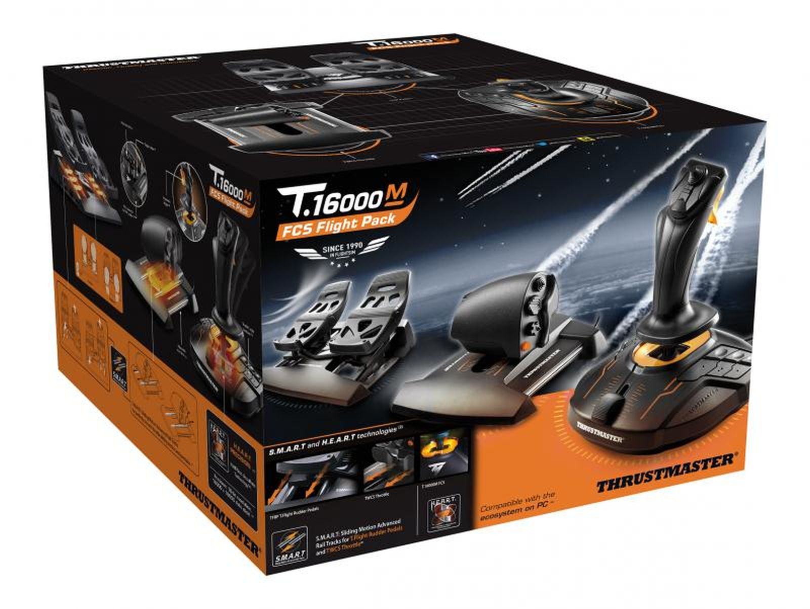 Box of Thrustmaster T.16000M FCS Flight Pack with joystick, throttle, and pedals.