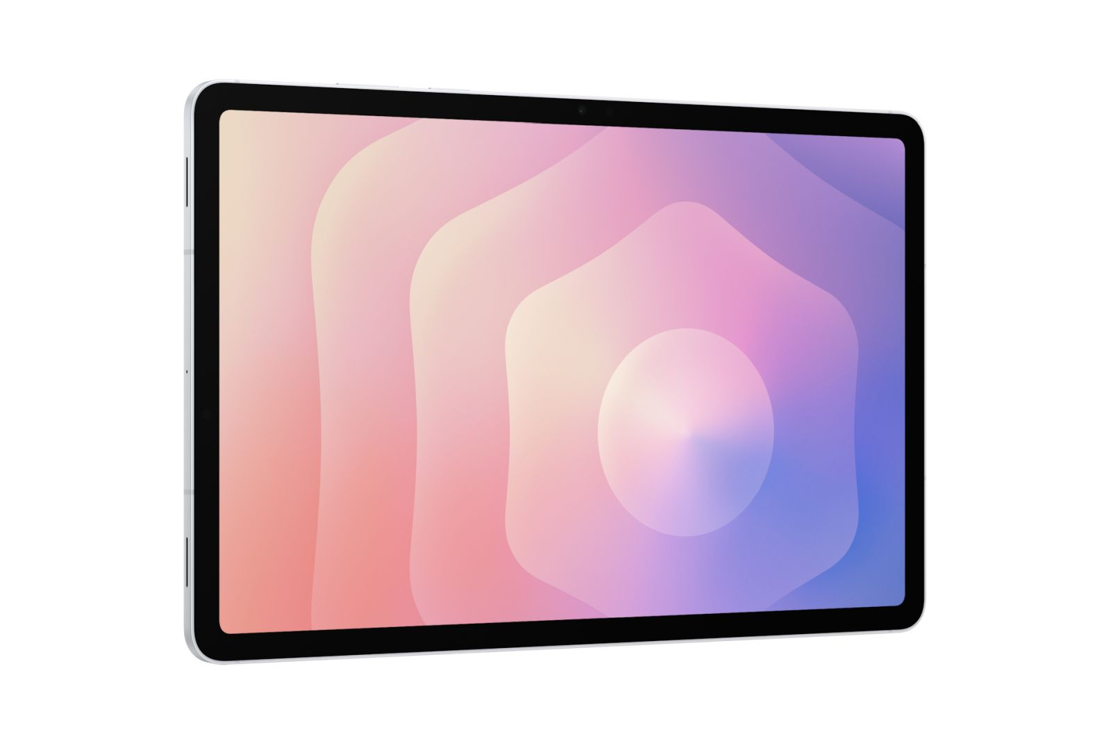 Un tablet argentato con uno sfondo astratto colorato sullo schermo.