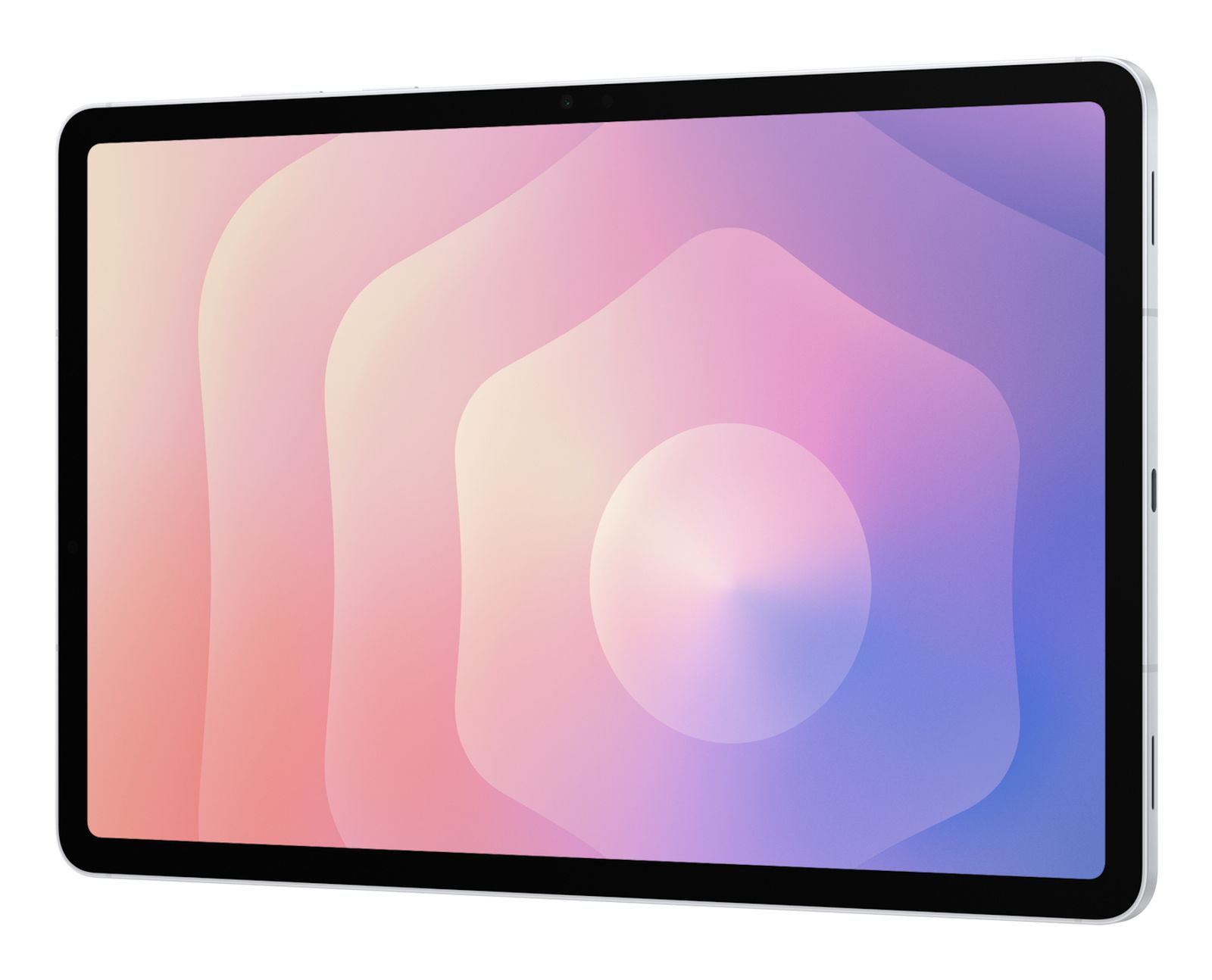 Un tablet argentato con onde astratte rosa, viola e blu sullo schermo.