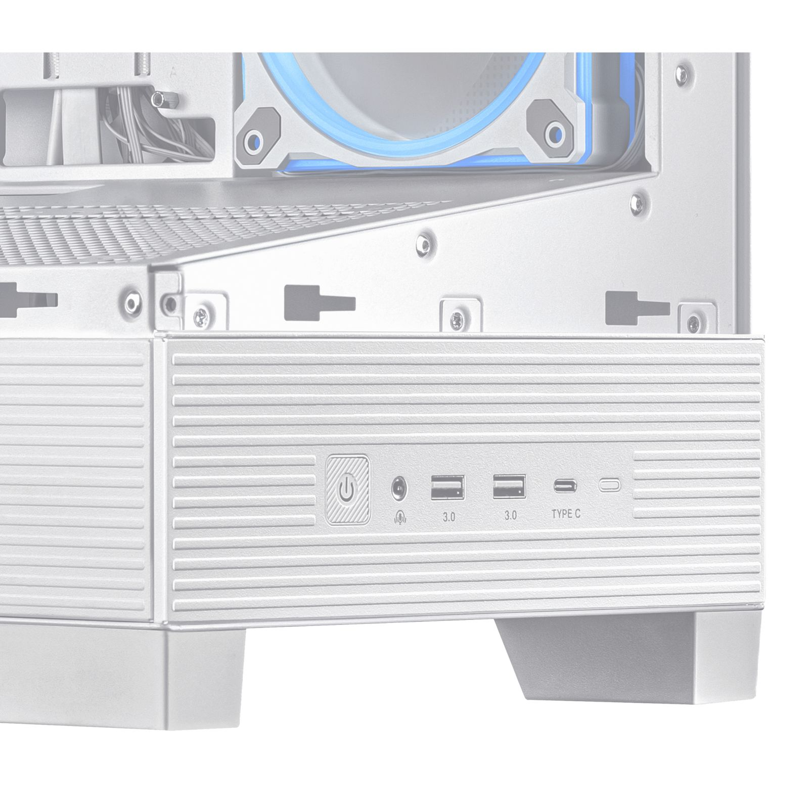 Ein PC-Gehäuse mit Power-Knopf, zwei USB 3.0 Ports und einem USB-C Port.