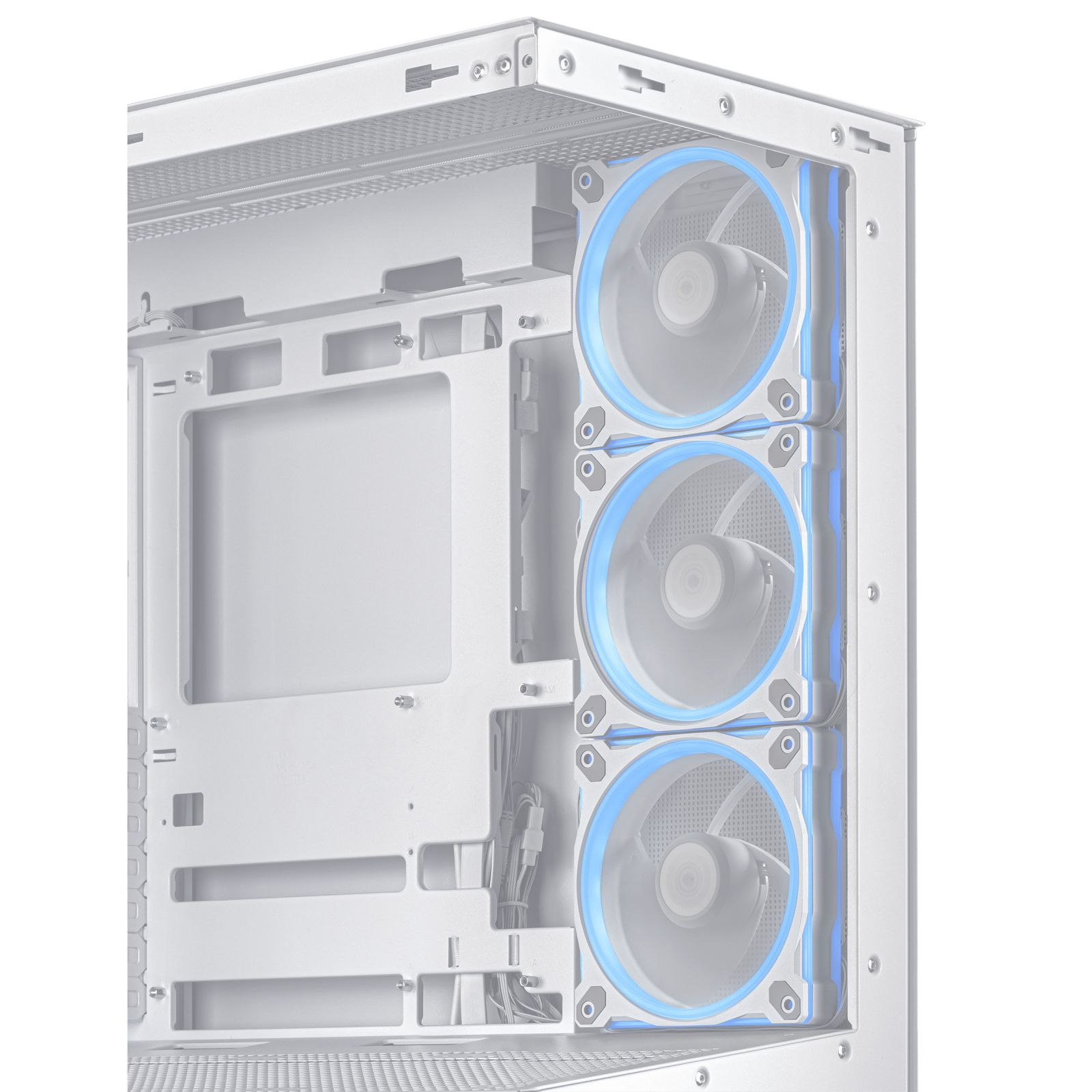 Ein weißes Computergehäuse mit drei blauen Lüftern auf der rechten Seite.