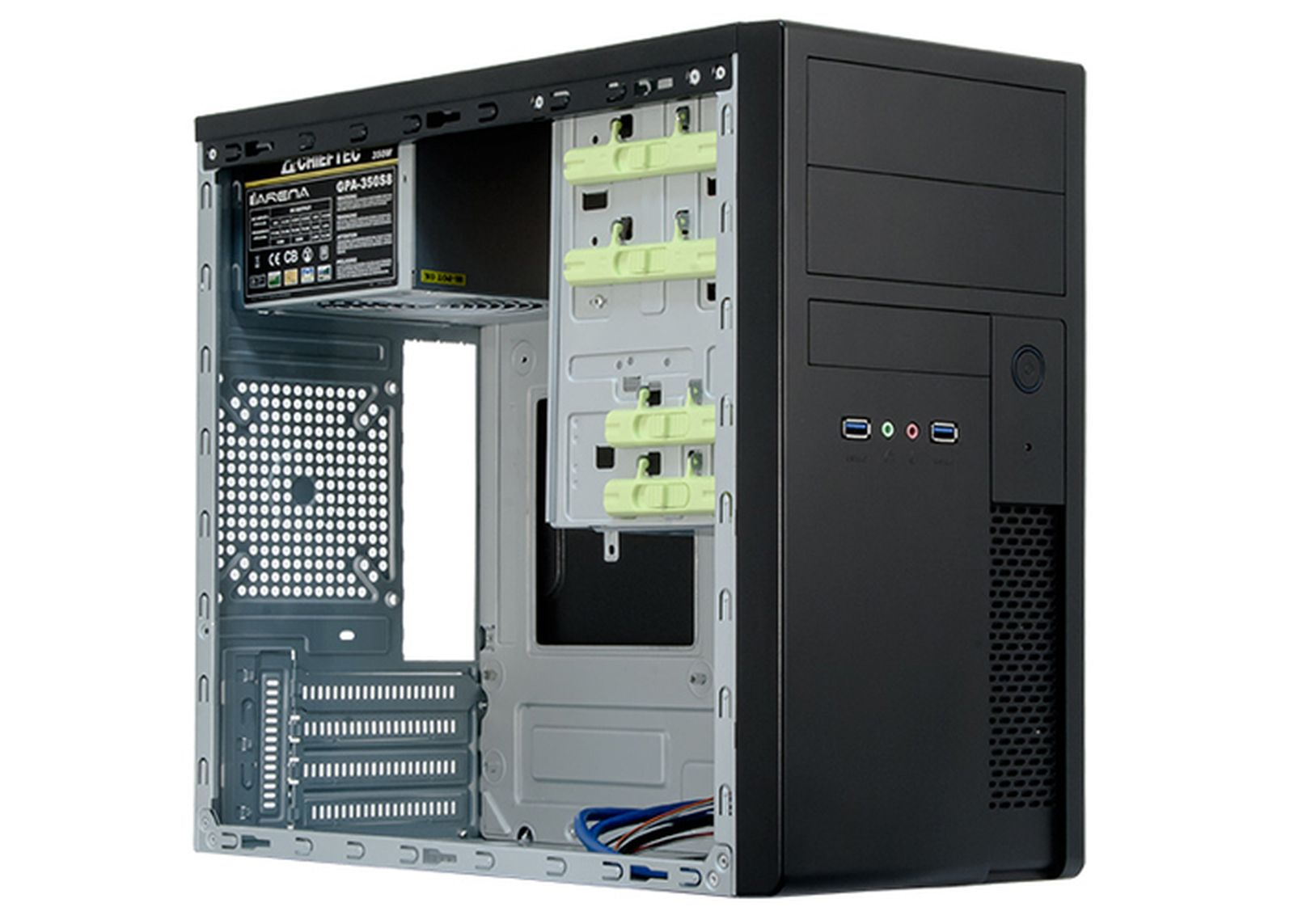 An open black computer case with power supply and cables visible.