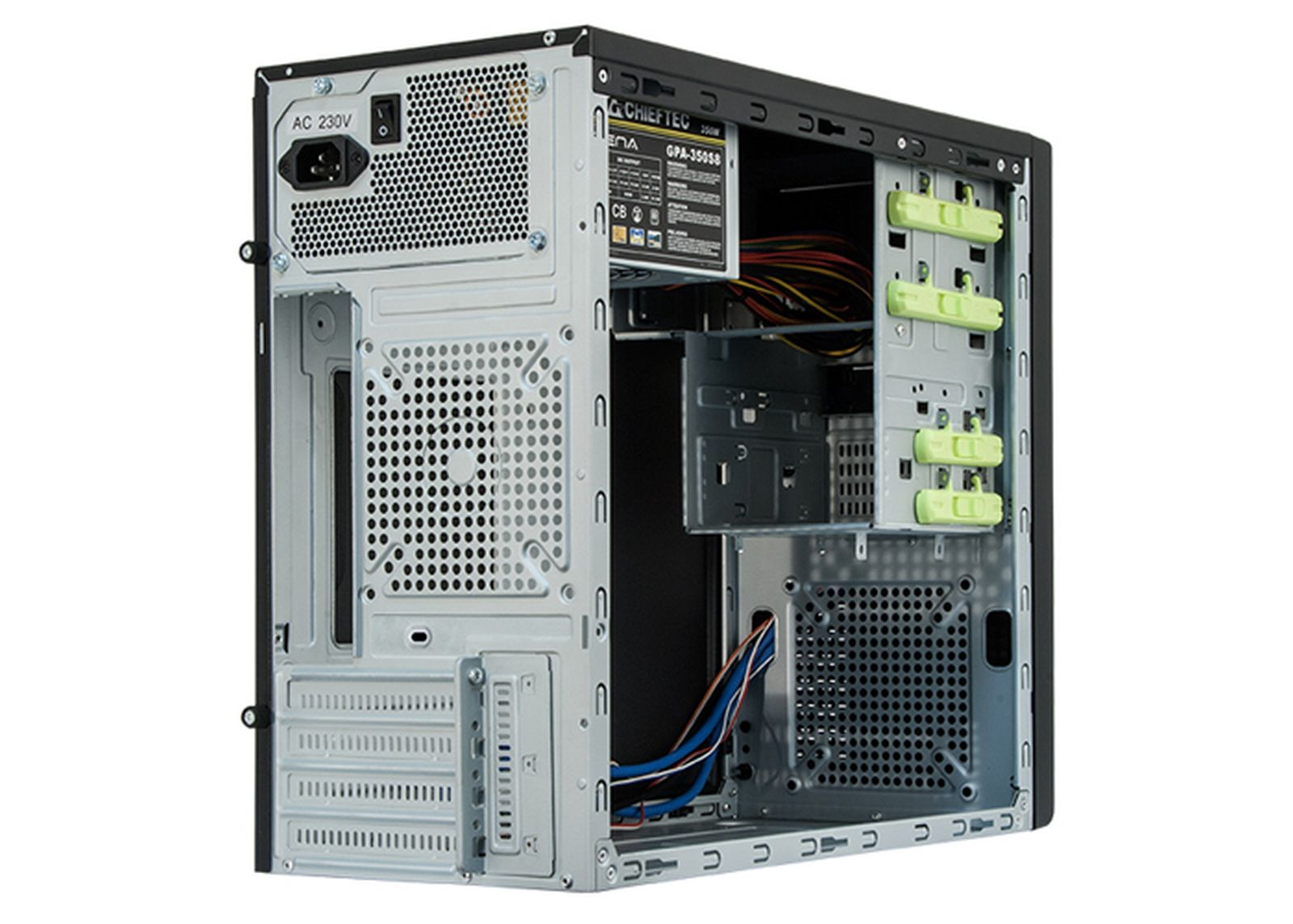 Interior view of a computer case showing power supply, cables, and drive bays.