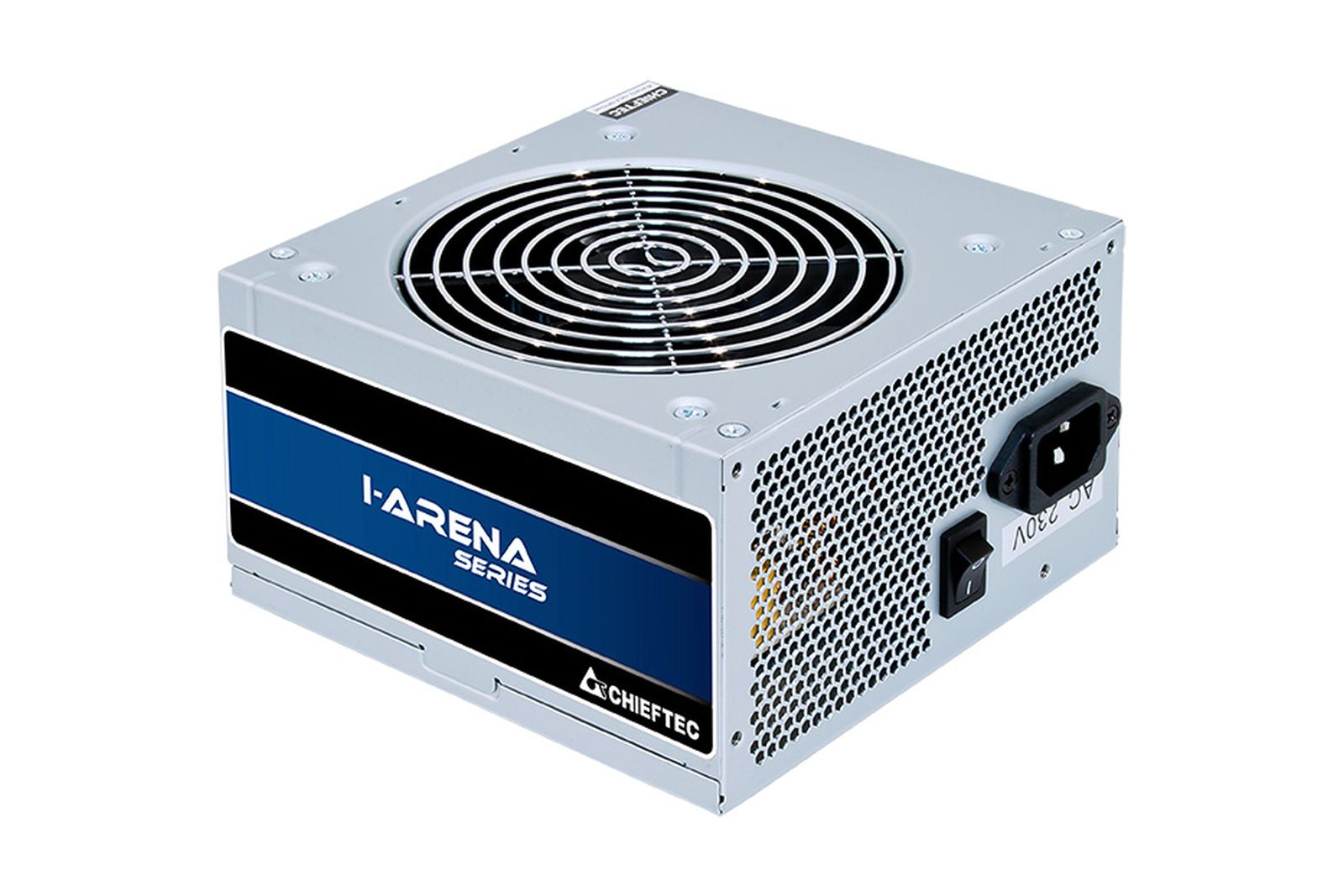 A silver computer power supply unit with a black and blue front panel.