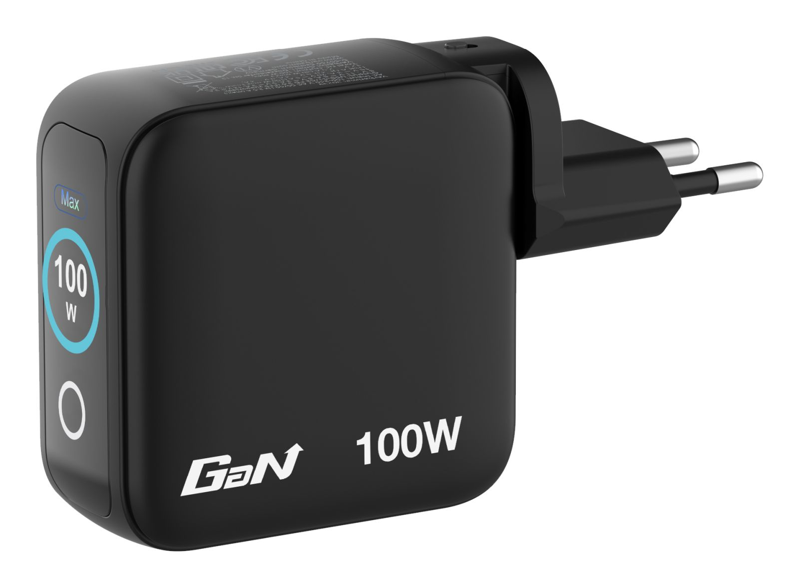 Schwarzes 100W GaN-Ladegerät mit EU-Stecker und digitaler Anzeige.