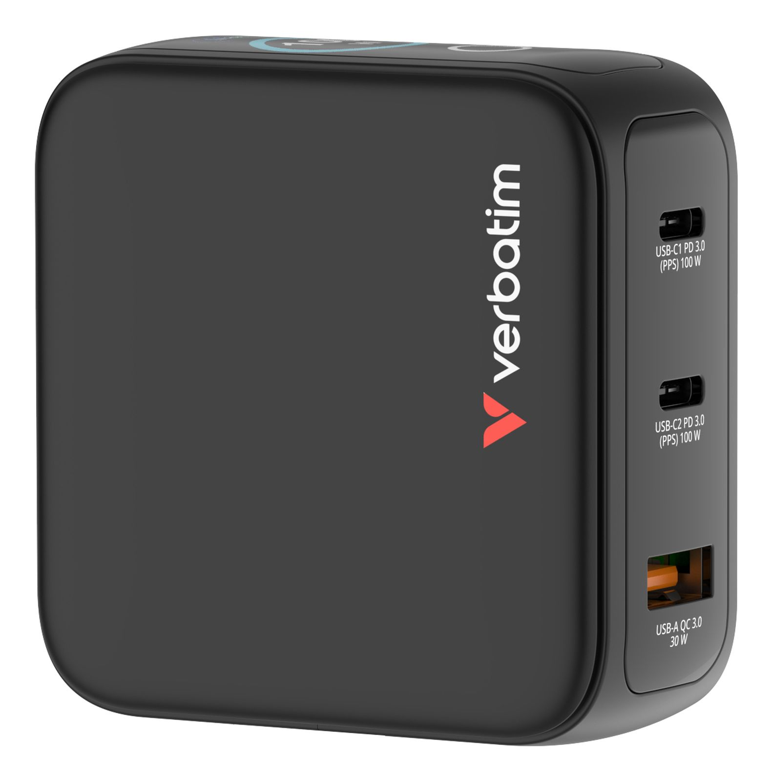 Schwarzer Ladegerät mit Verbatim-Logo, 2x USB-C, 1x USB-A.