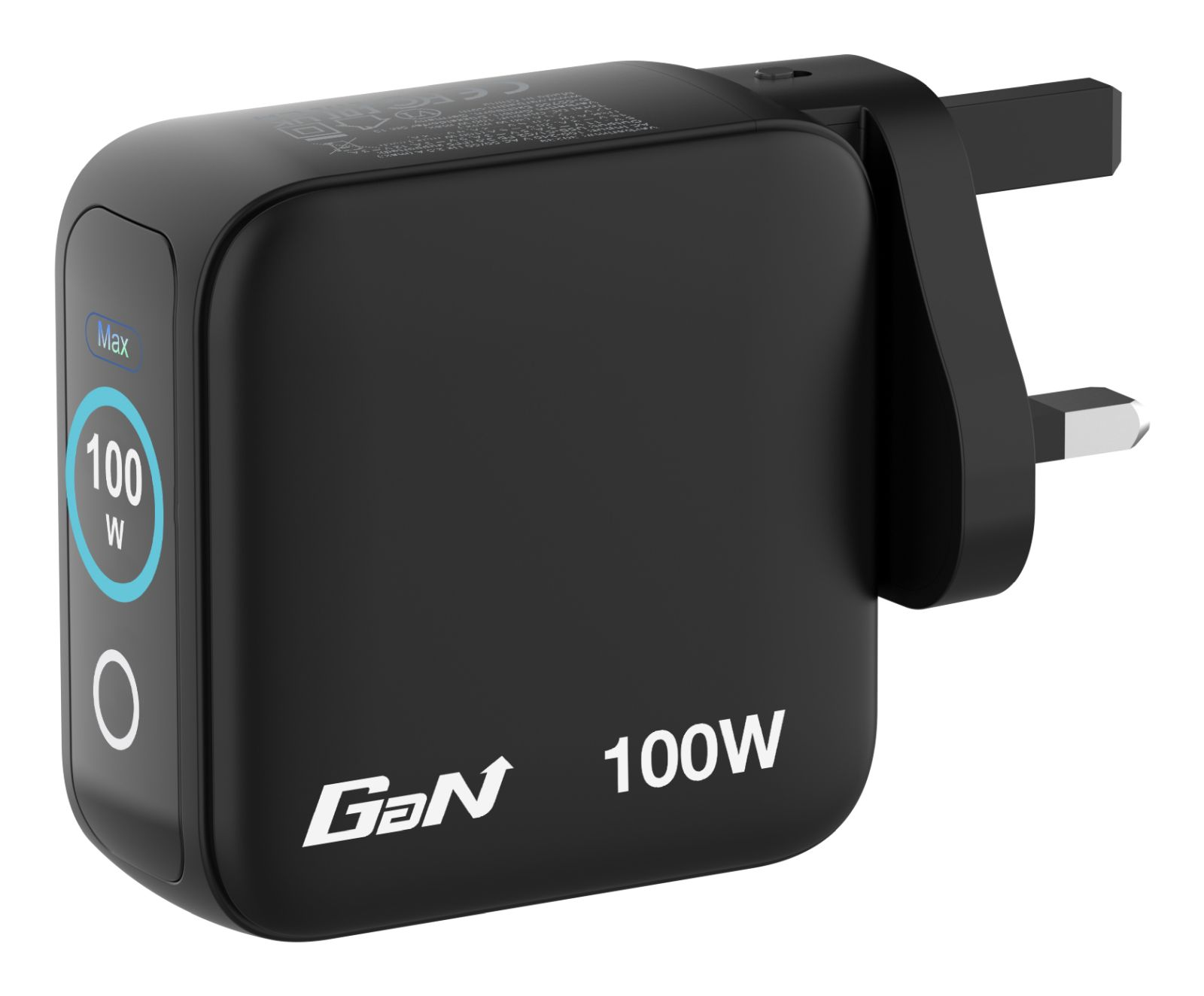 Schwarzer 100W GaN-Ladegerät-Adapter mit einem UK-Stecker und einer digitalen Anzeige.